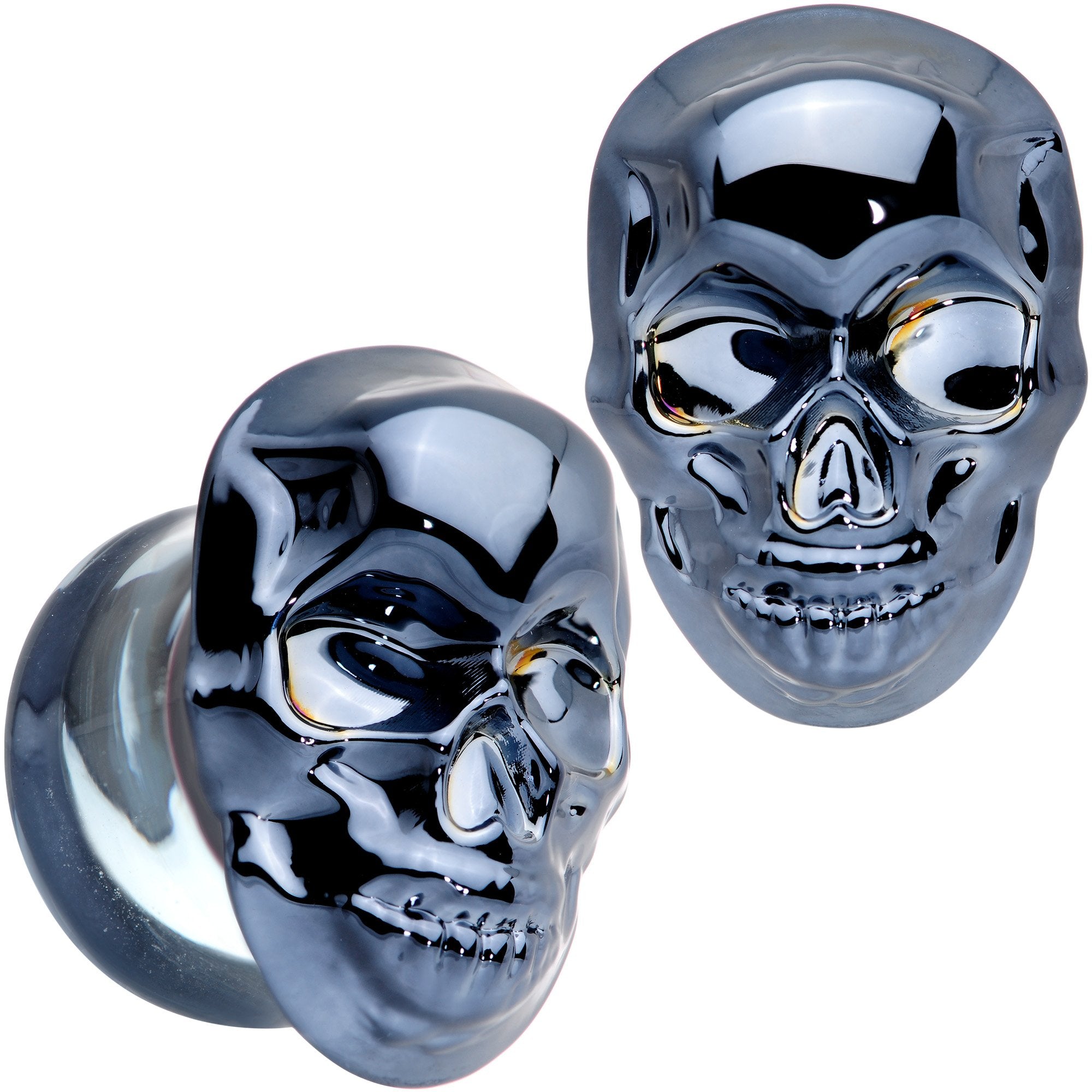 Dark Blue Glass Smiling Halloween Skull Double Flare Plug Set