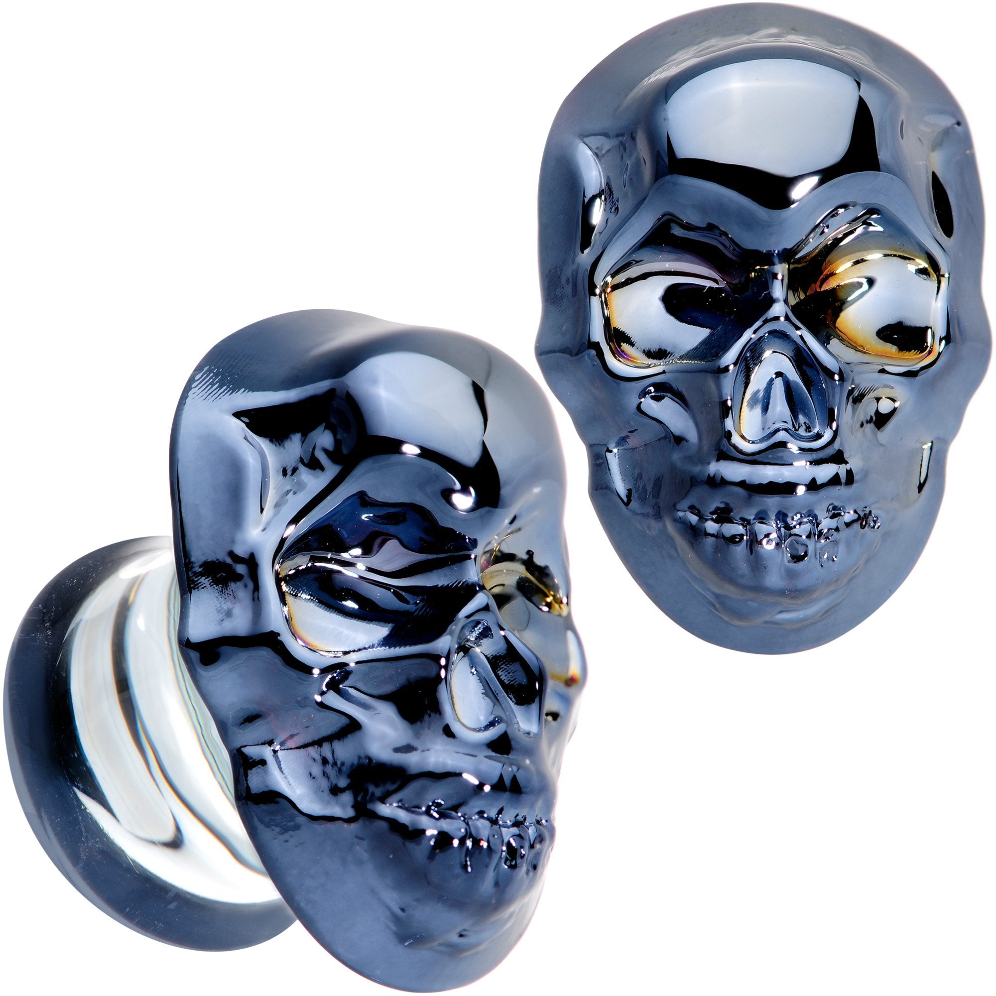 Dark Blue Glass Smiling Halloween Skull Double Flare Plug Set