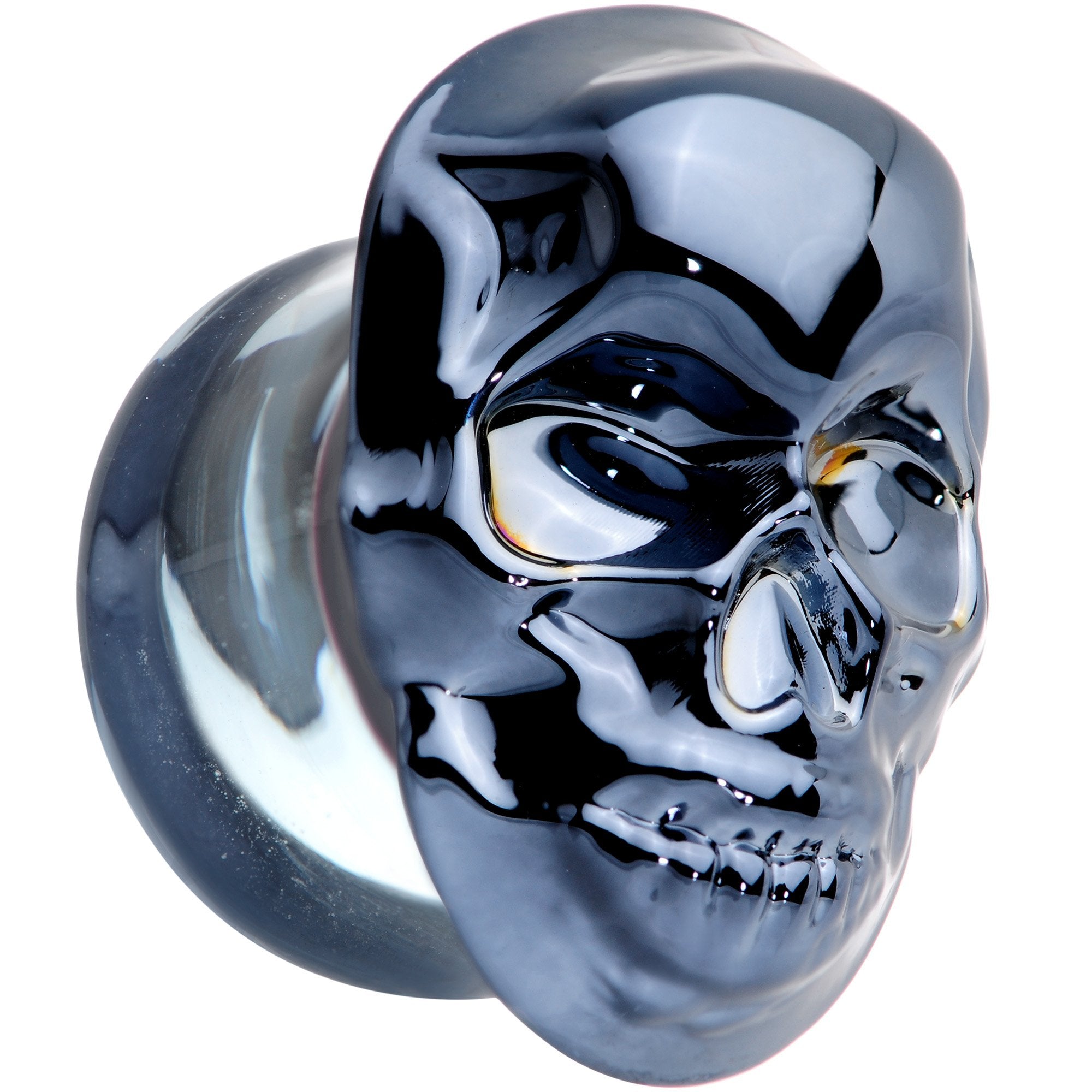 Dark Blue Glass Smiling Halloween Skull Double Flare Plug Set