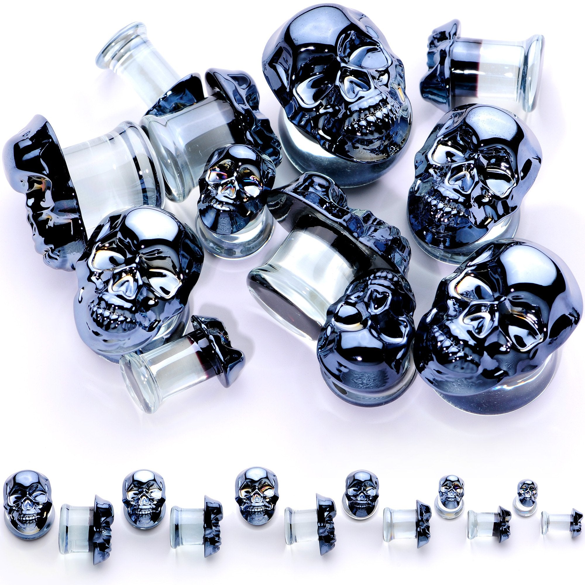 Dark Blue Glass Smiling Halloween Skull Double Flare Plug Set