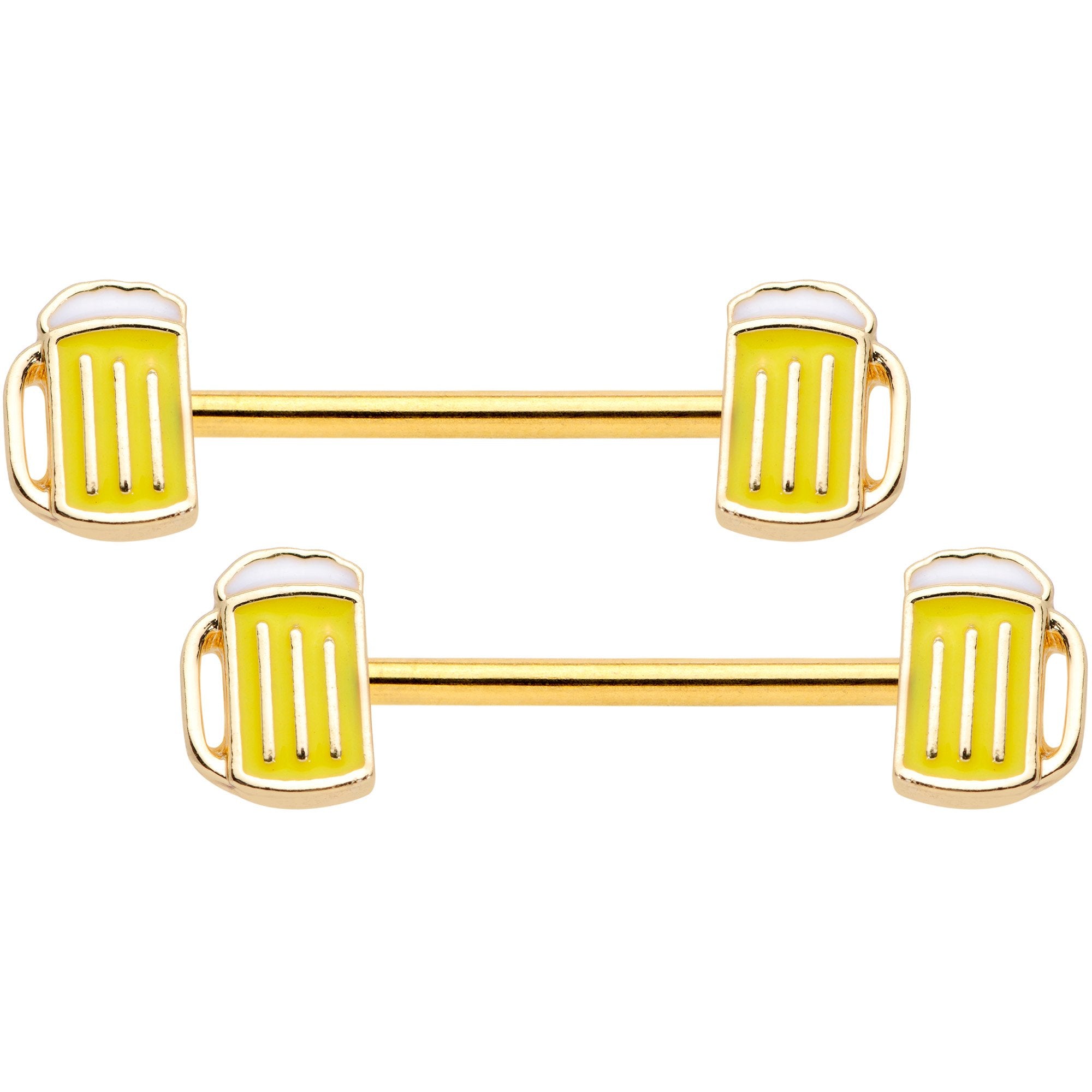 5/8 Gold Tone St Patricks Day Frosty Beer Mug Barbell Nipple Ring Set