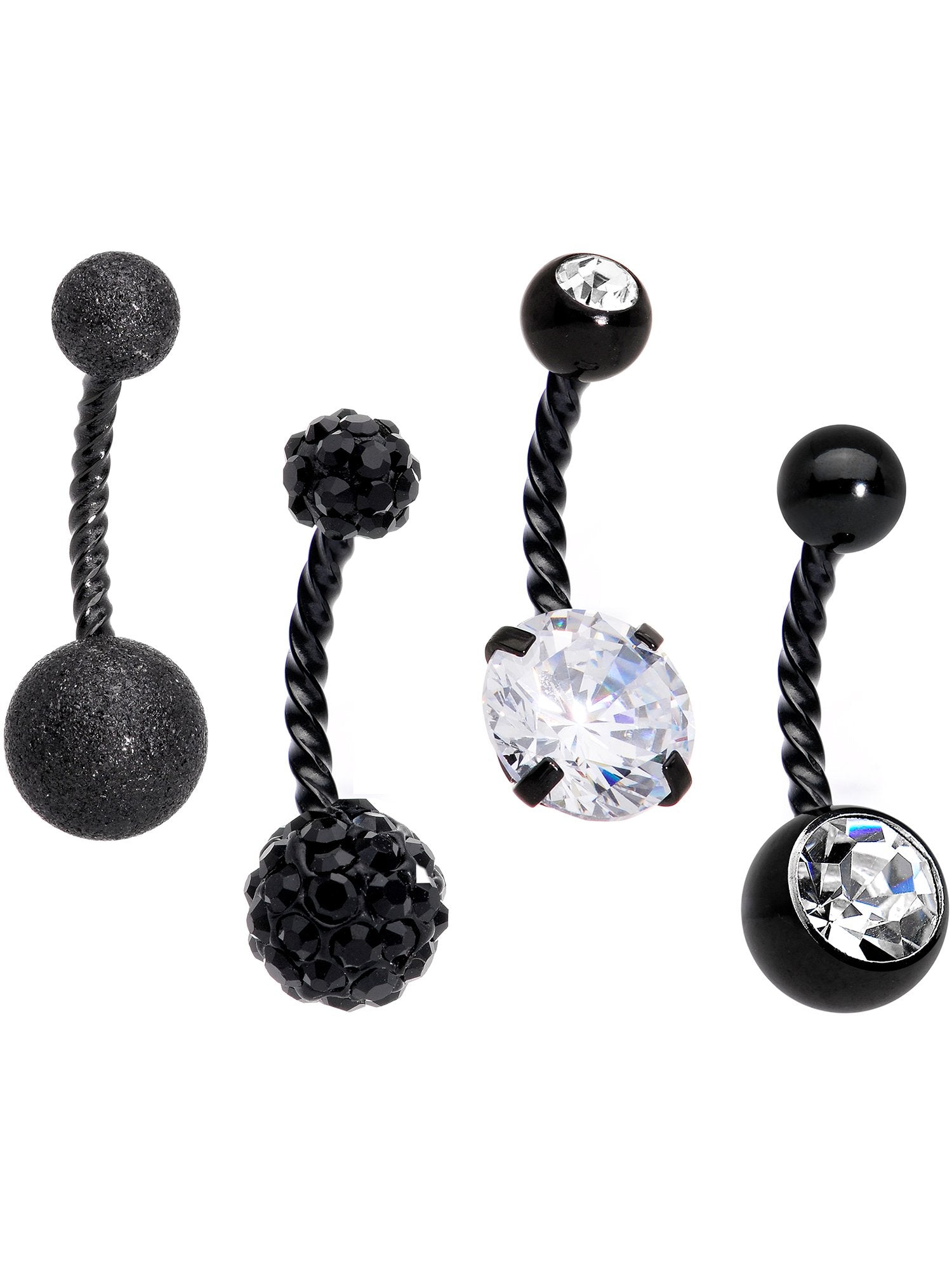 Clear Gem Black Thoroughly Twisted Belly Ring Set of 4