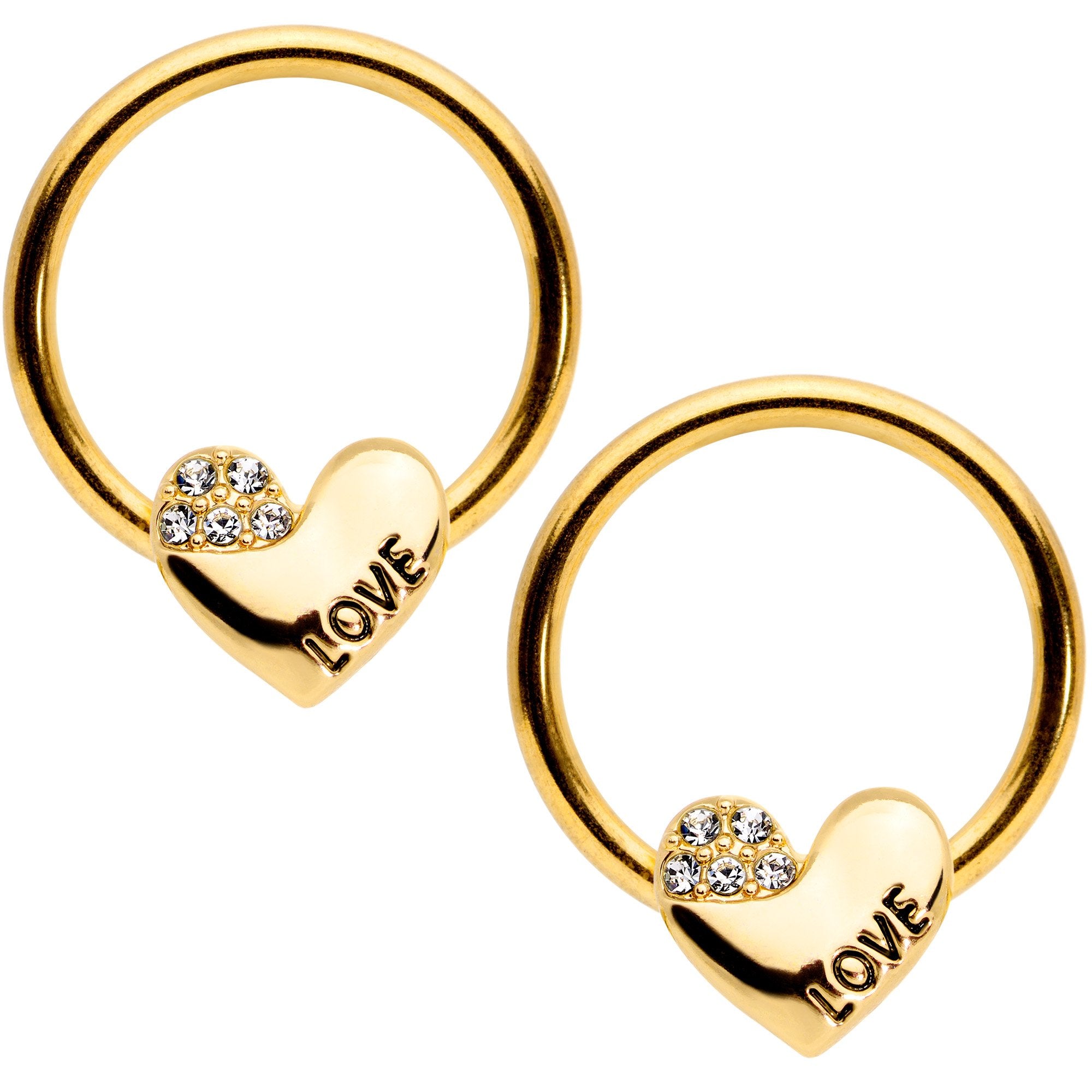 14 Gauge 1/2 Clear Gem Golden Love Heart Captive Nipple Ring Set