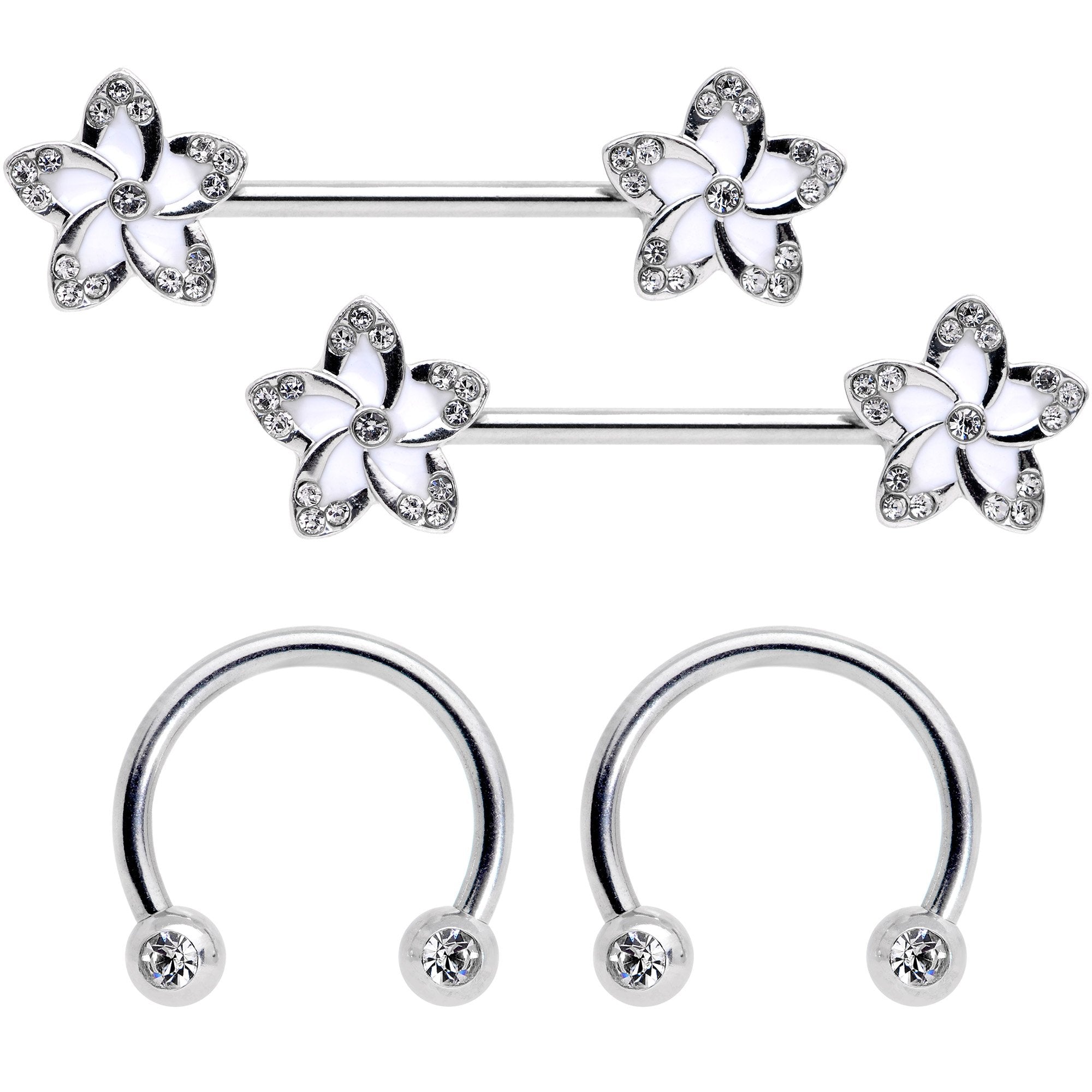 14 Gauge Clear Gem White Flower Horseshoe Barbell Nipple Ring Set of 4