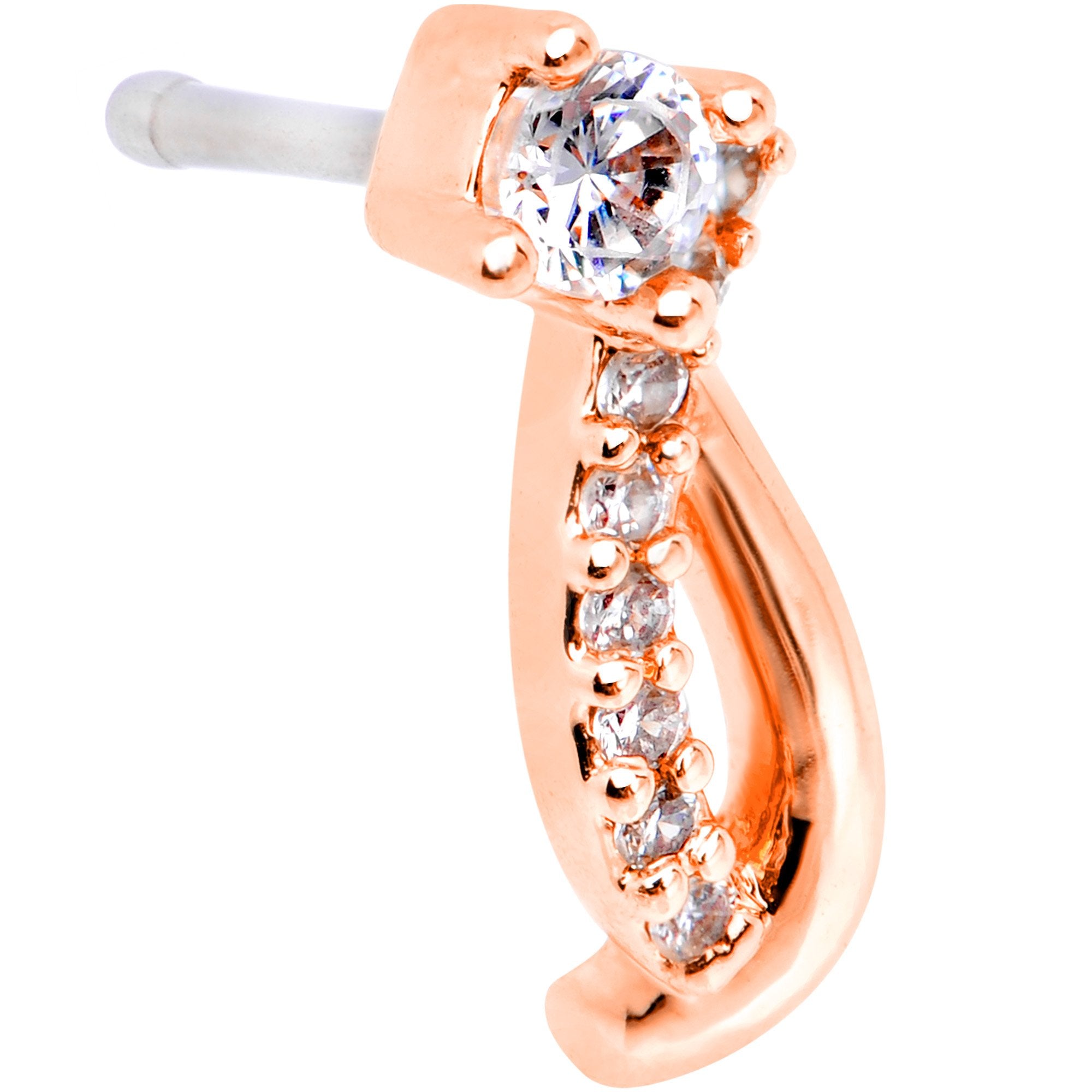 20 Gauge 1/4 Clear CZ Rose Gold Tone Twining Strands Nose Bone