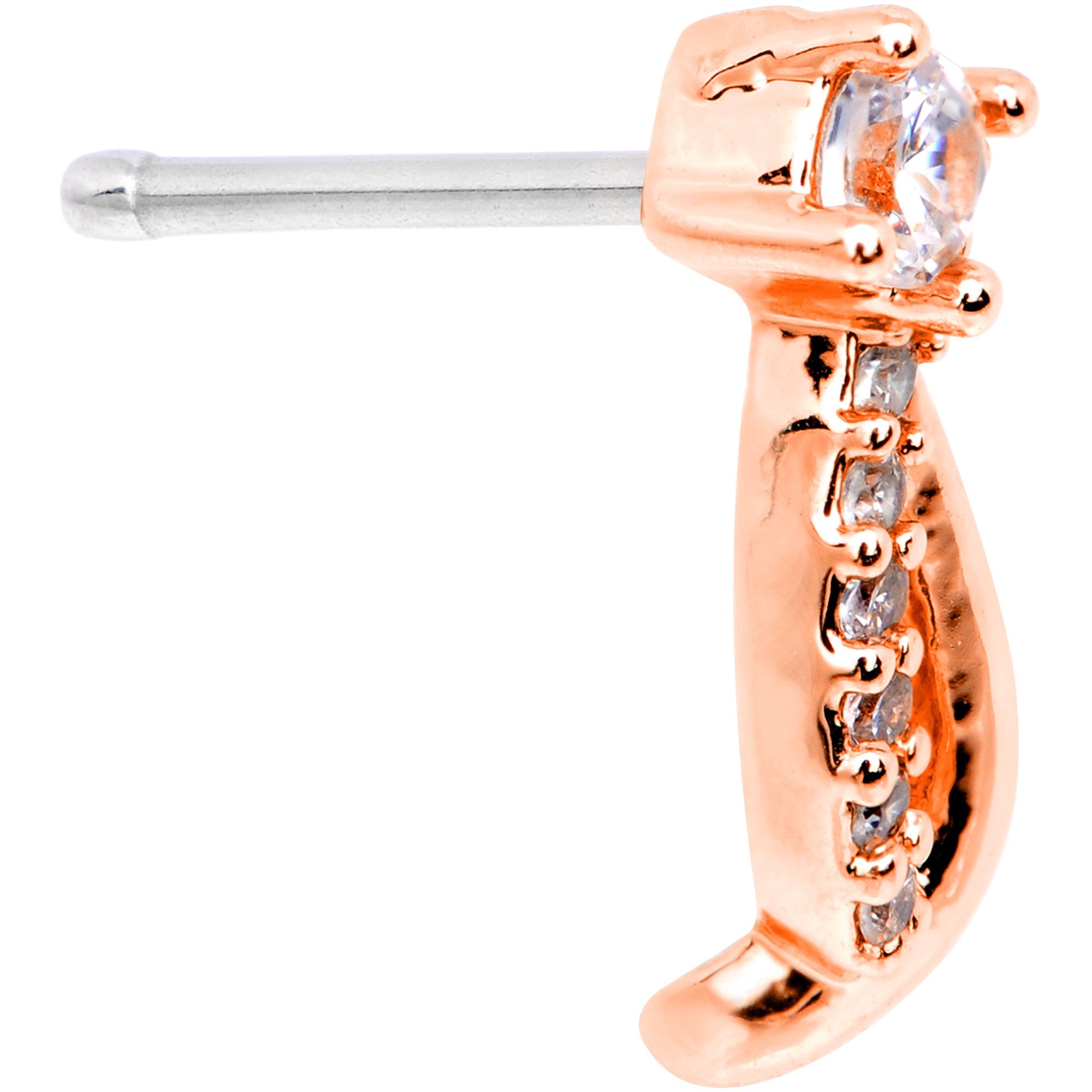 20 Gauge 1/4 Clear CZ Rose Gold Tone Twining Strands Nose Bone