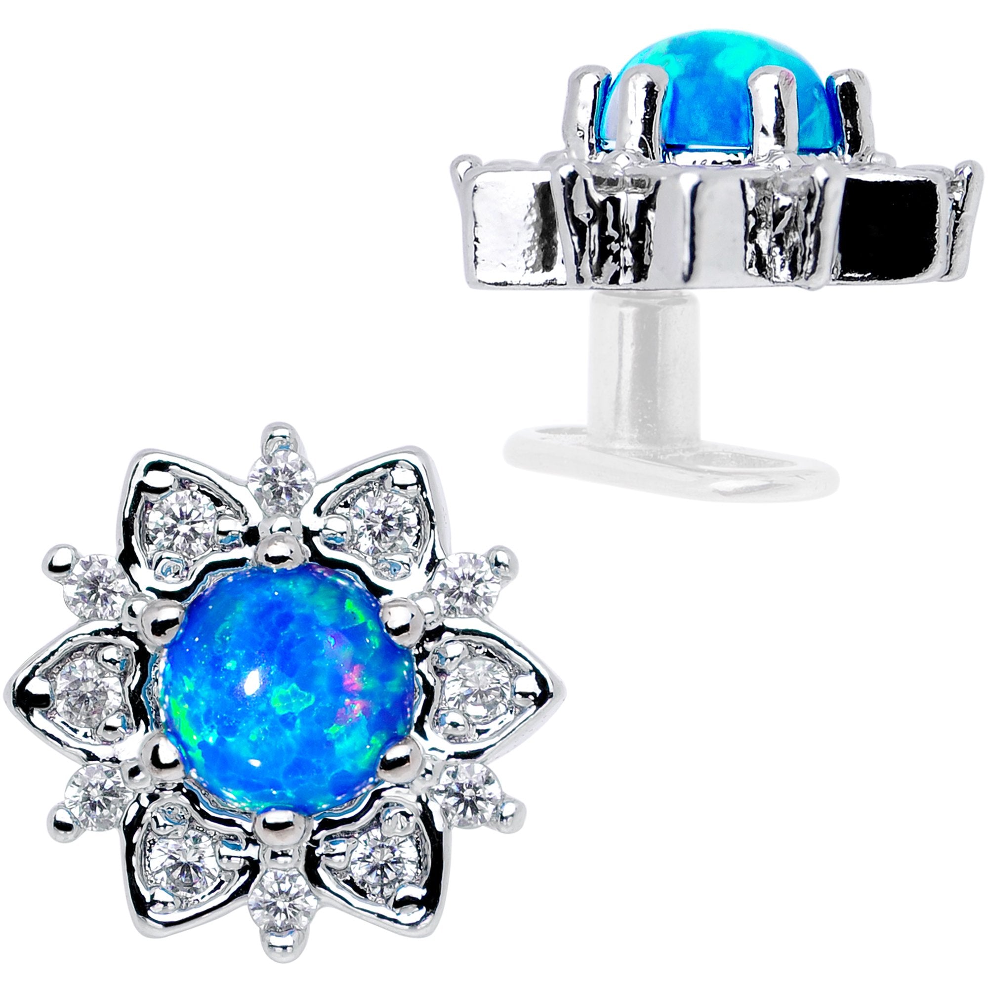 14 Gauge Blue Faux Opal Floral Glam Dermal Anchor Top