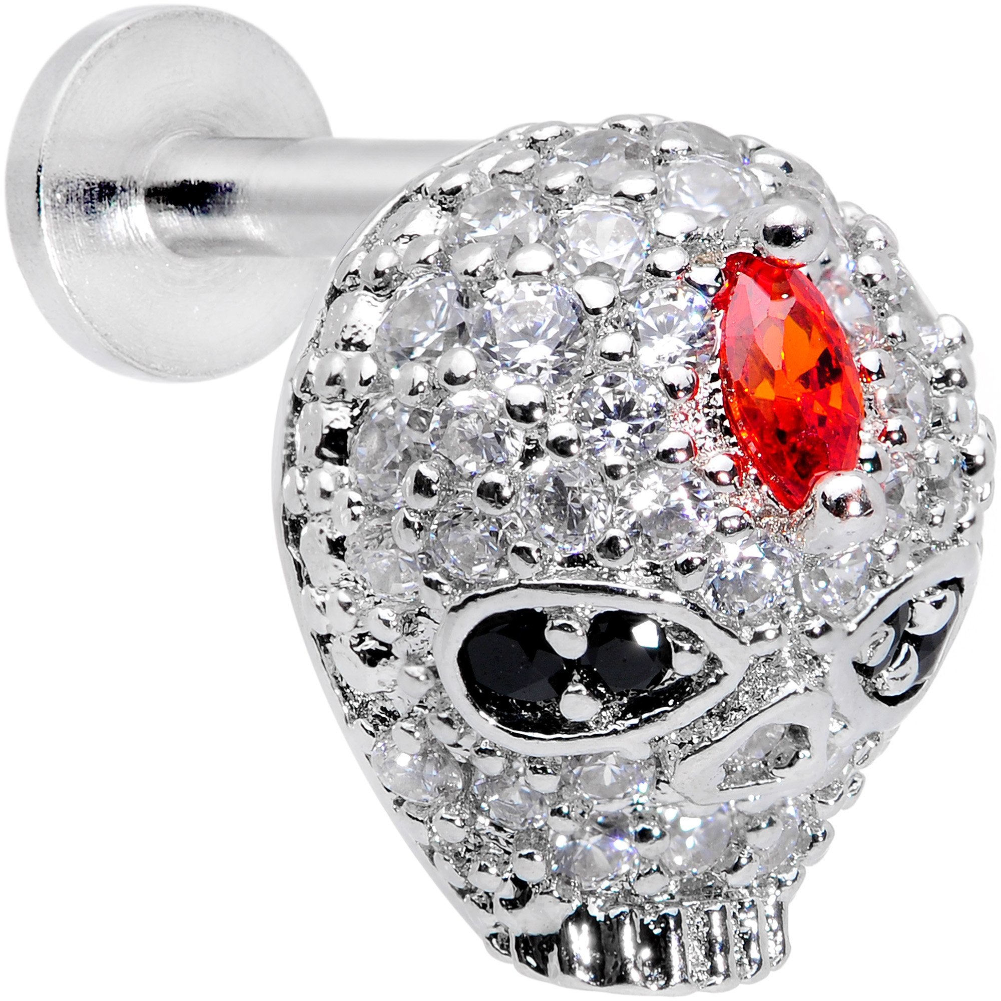 16 Gauge 1/4 Clear Red CZ Gem Punk Skull Labret Monroe Tragus