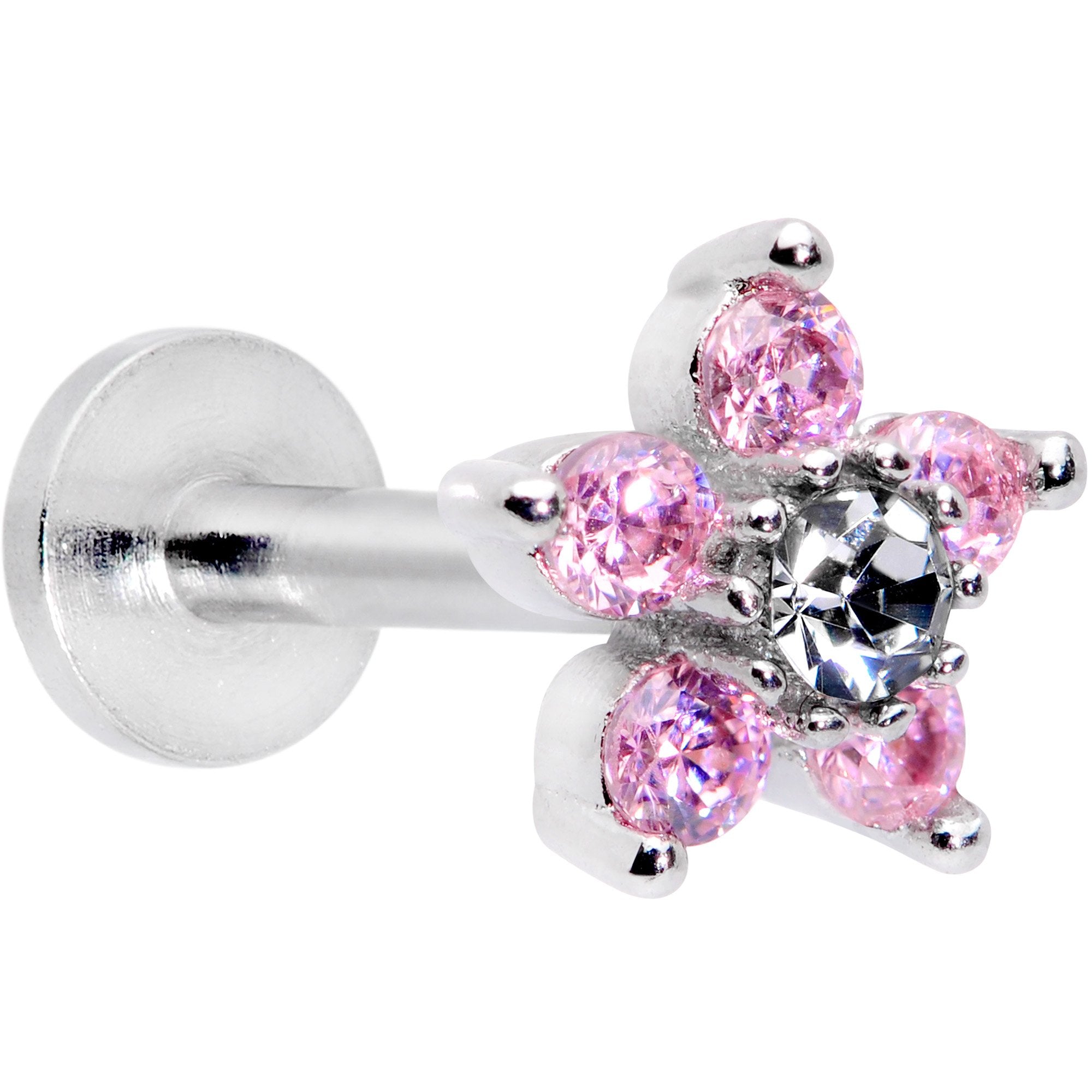 16 Gauge 5/16 Clear Pink CZ Gem Star Internally Threaded Labret Tragus