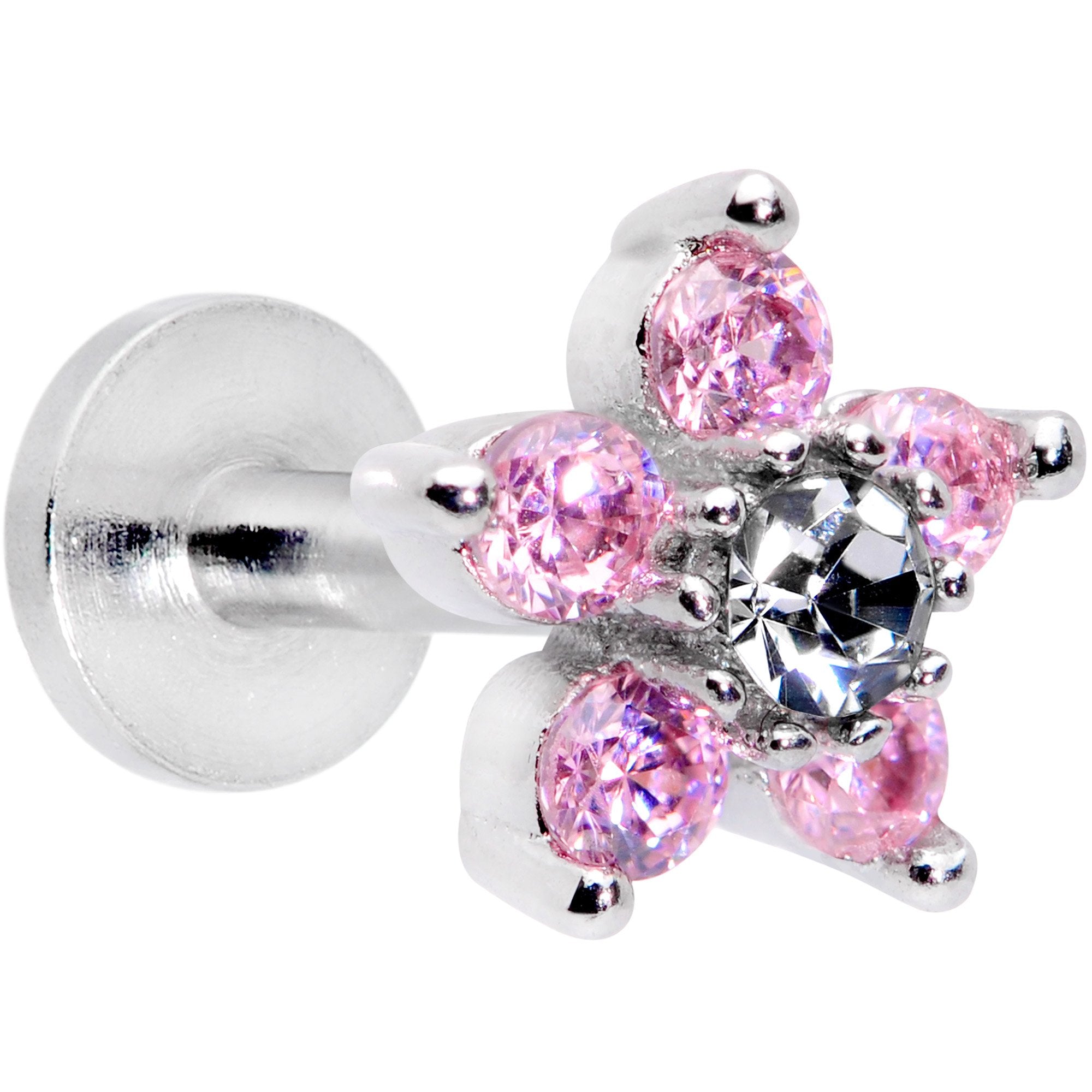 16 Gauge 1/4 Clear Pink CZ Gem Star Internally Threaded Labret Tragus