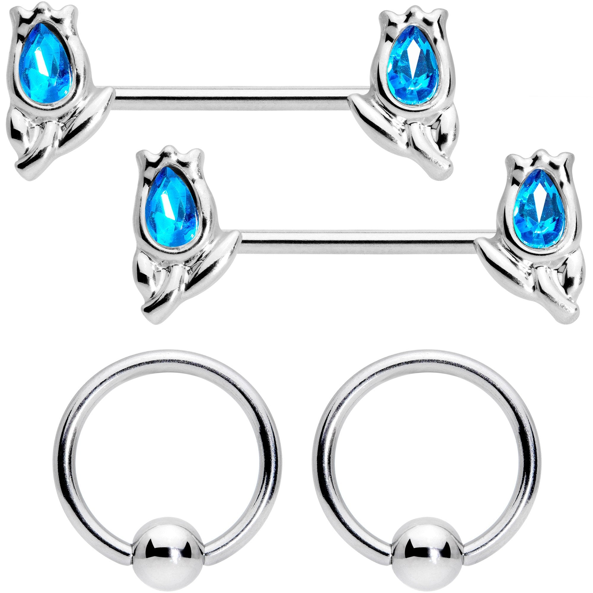 14 Gauge 7/16 1/2 Aqua Gem Flowers BCR Barbell Nipple Ring Set of 4