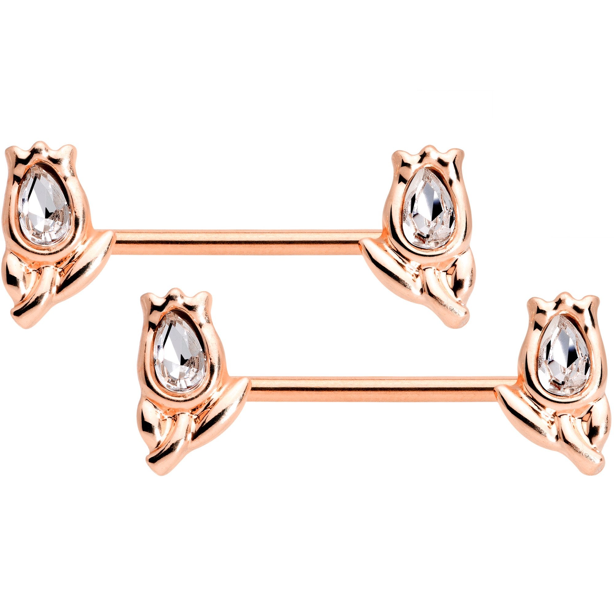 14 Gauge Clear Gem Rose Gold Tone Flowers BCR Barbell Nipple Ring Set