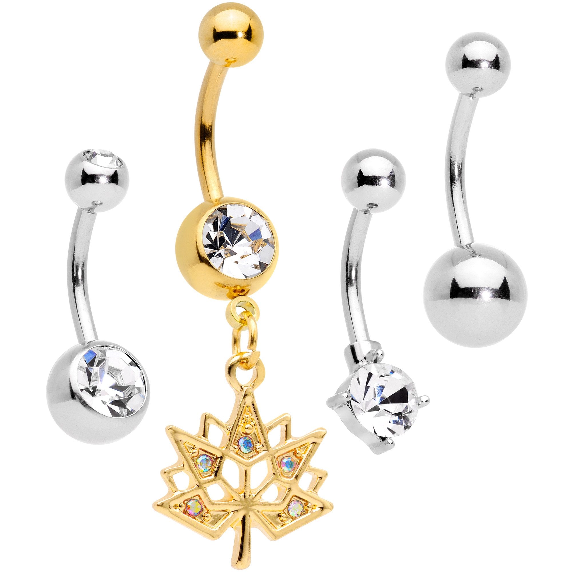 Clear Aurora Gem Gold Tone Maple Leaf Dangle Belly Ring Set of 4