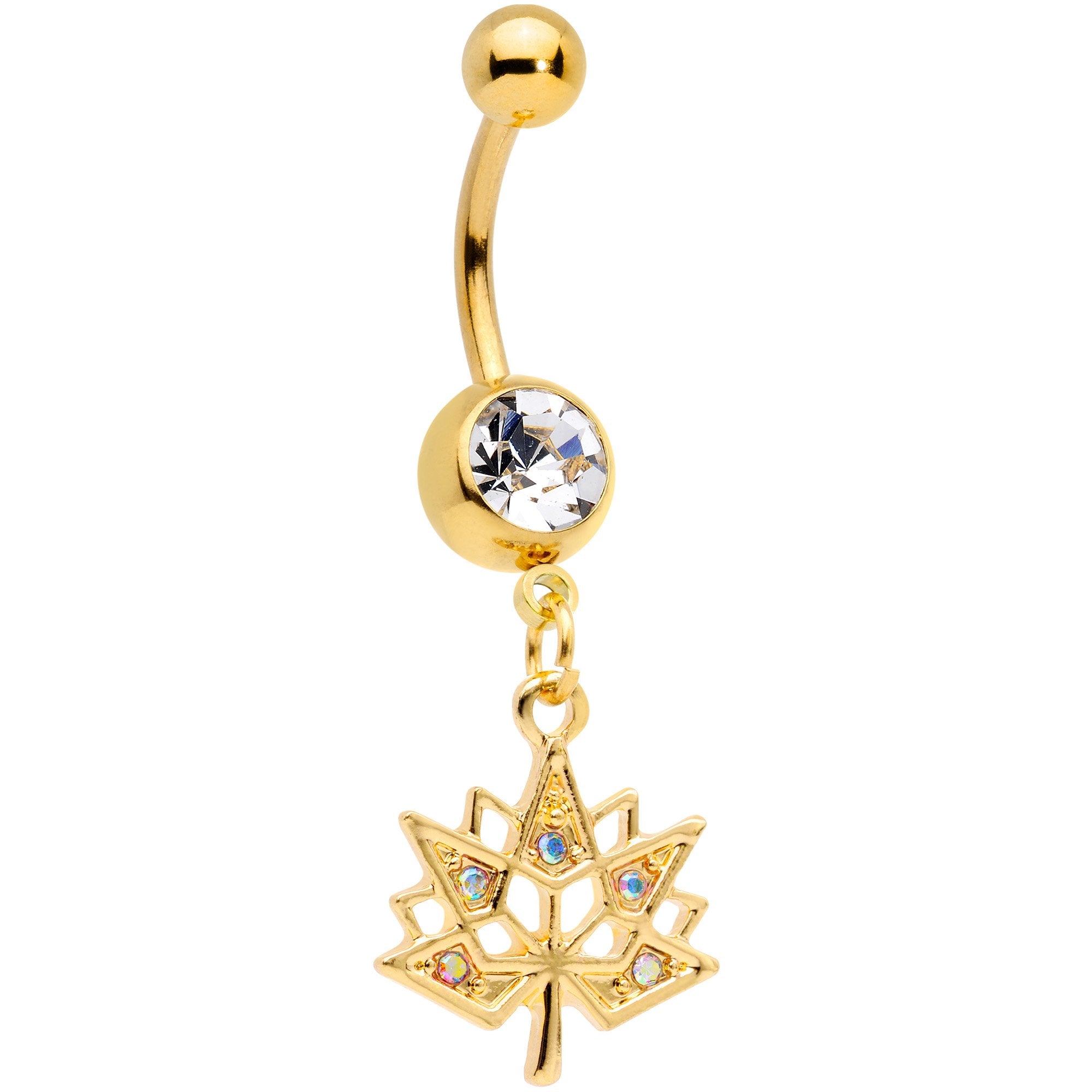 Clear Aurora Gem Gold Tone Maple Leaf Dangle Belly Ring Set of 4