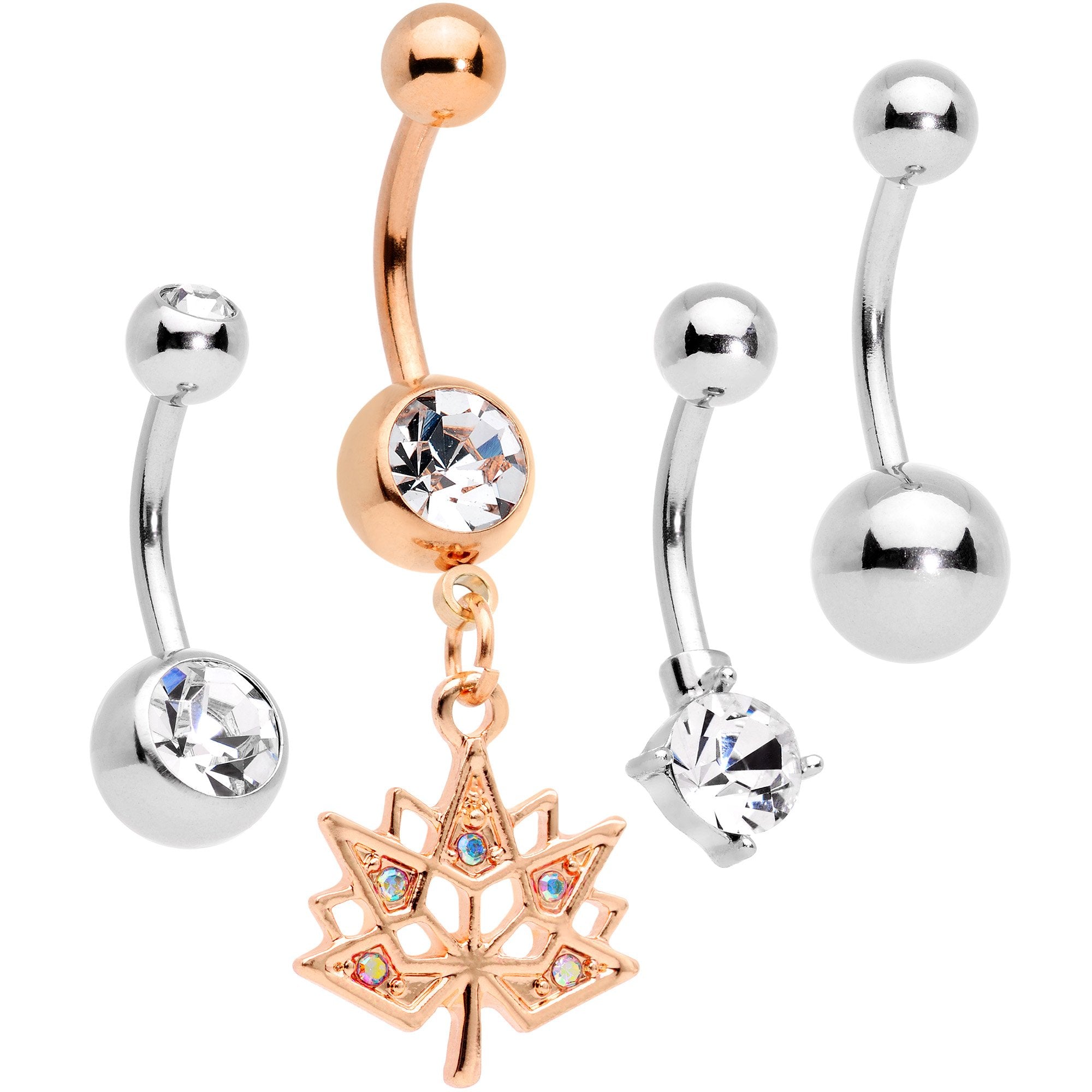 Clear Aurora Gem Rose Gold Tone Maple Leaf Dangle Belly Ring Set of 4