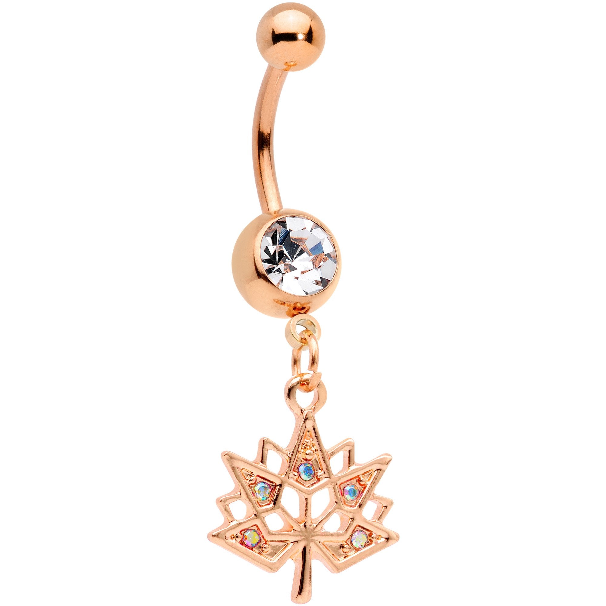 Clear Aurora Gem Rose Gold Tone Maple Leaf Dangle Belly Ring Set of 4