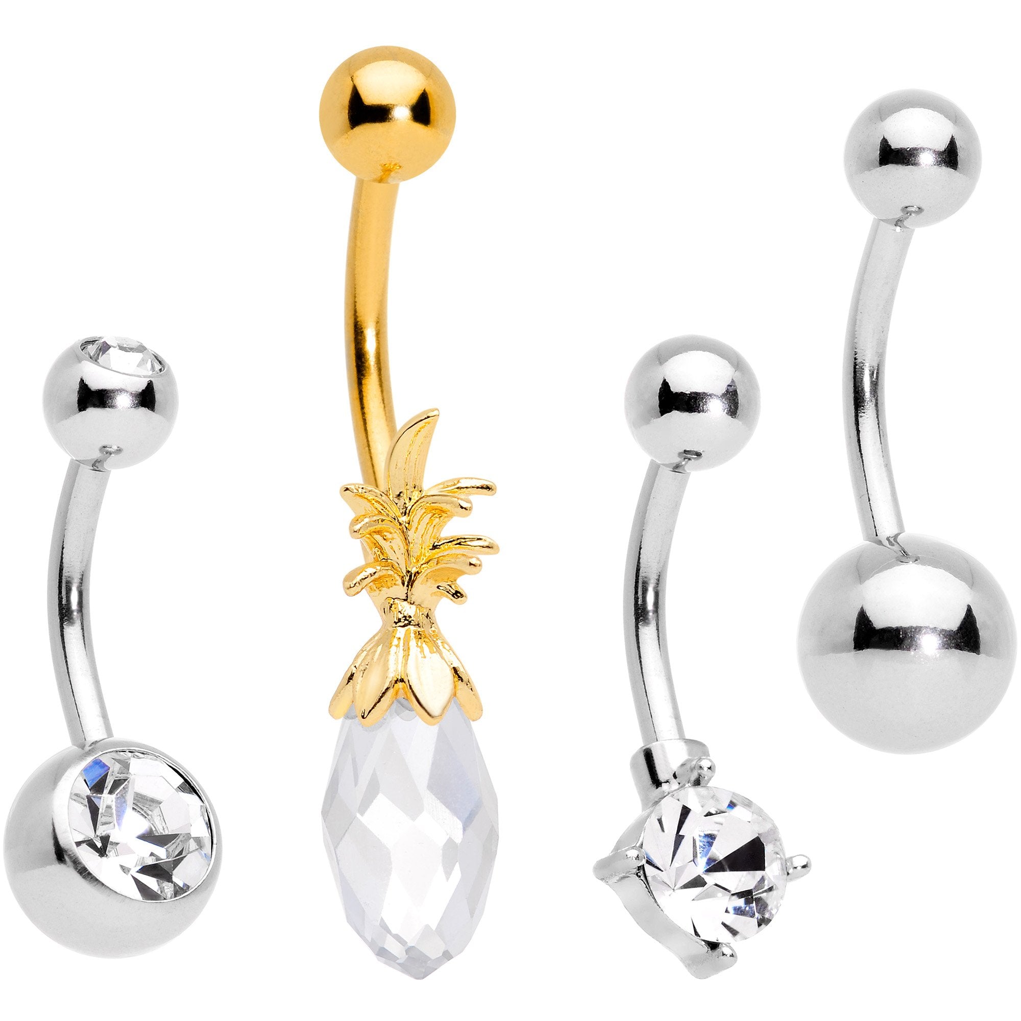 Clear Gem Gold Tone Pineapple Belly Ring Set of 4  Bonus Pack