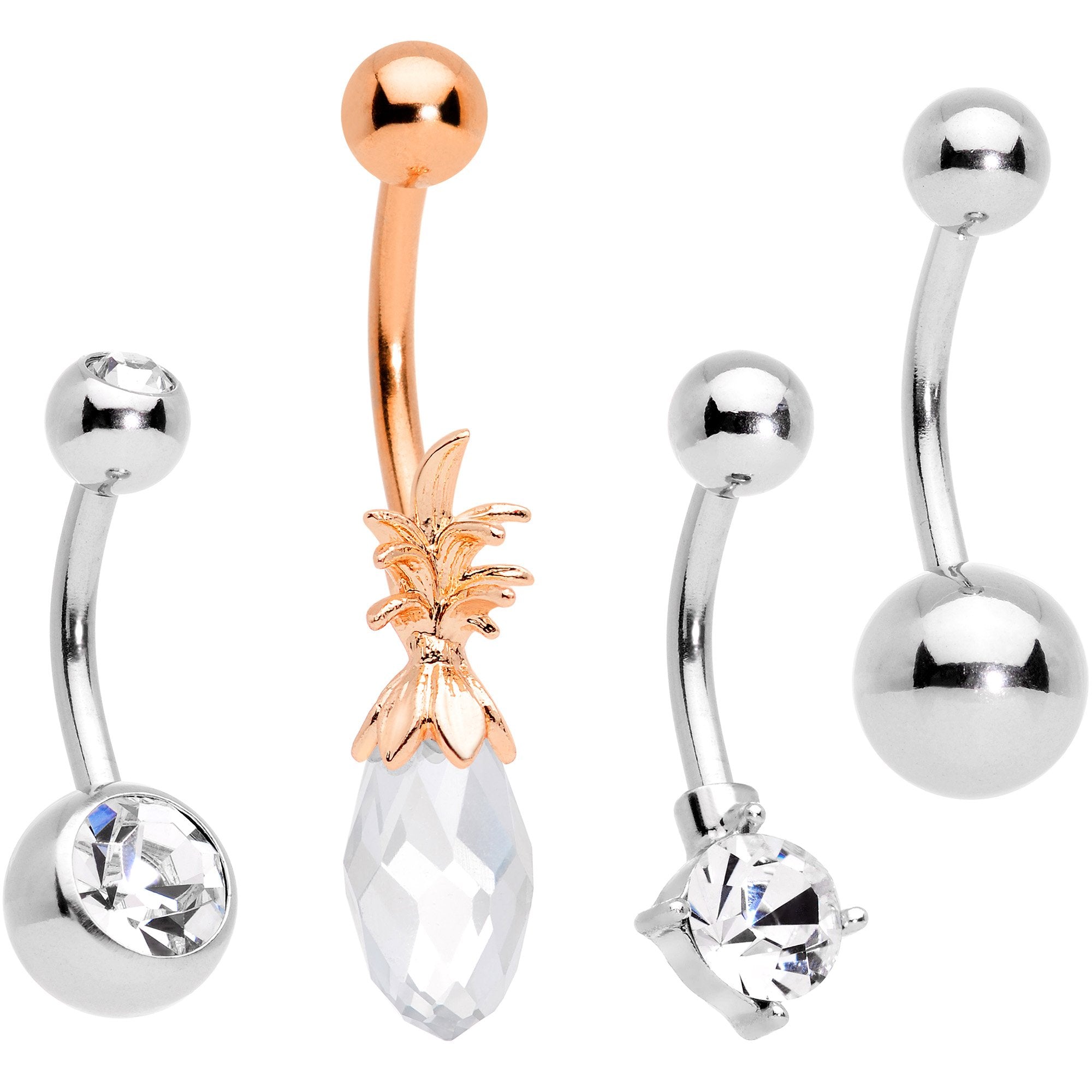 Clear Gem Rose Gold Tone Pineapple Belly Ring Set of 4  Bonus Pack