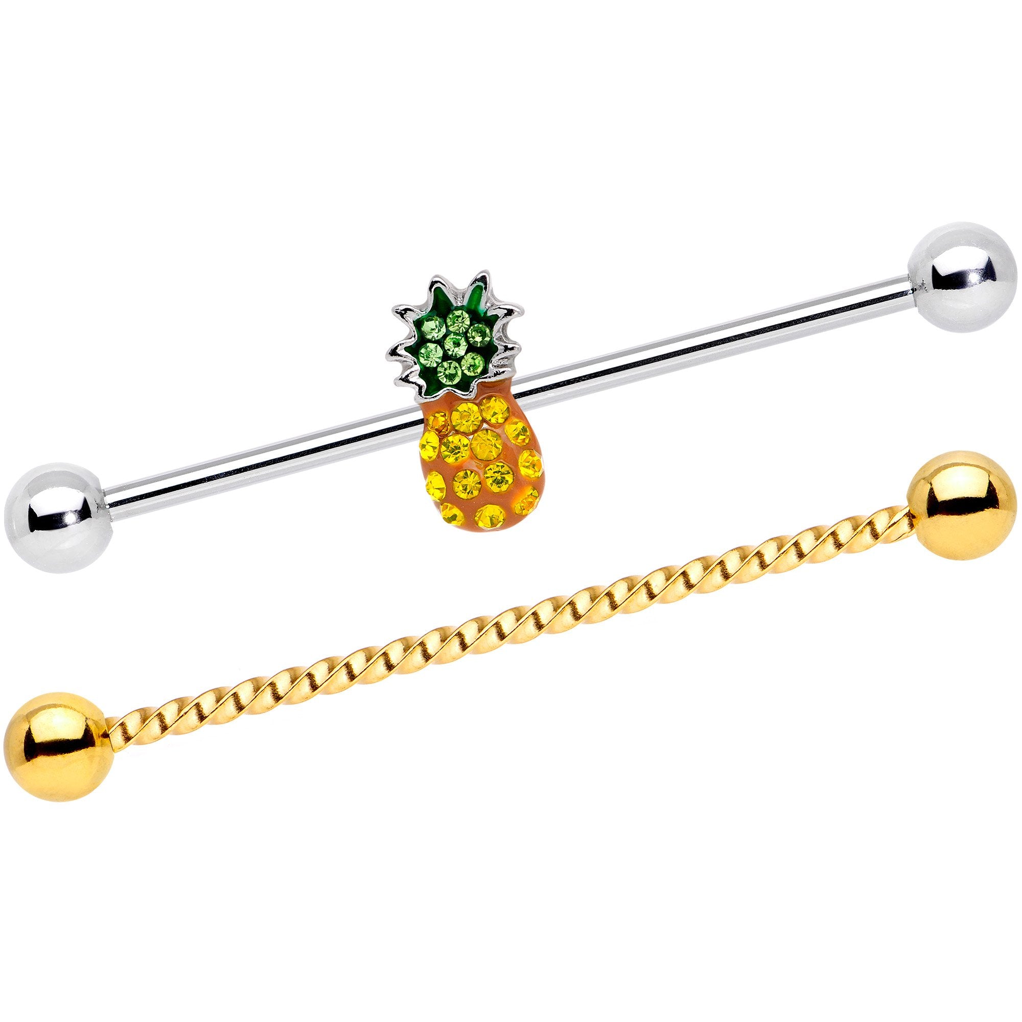 14 Gauge Yellow Green Gem Pineapple Twisted Industrial Barbell Set