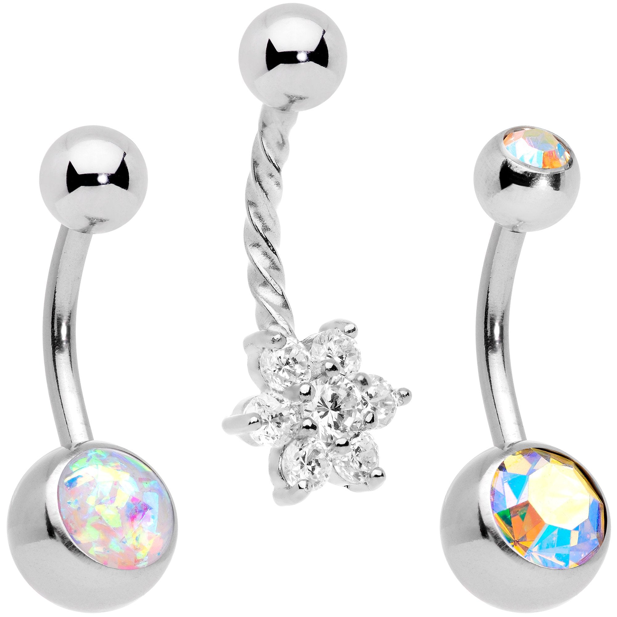 Clear Aurora Gem White Faux Opal Daffodil Belly Ring Set of 3