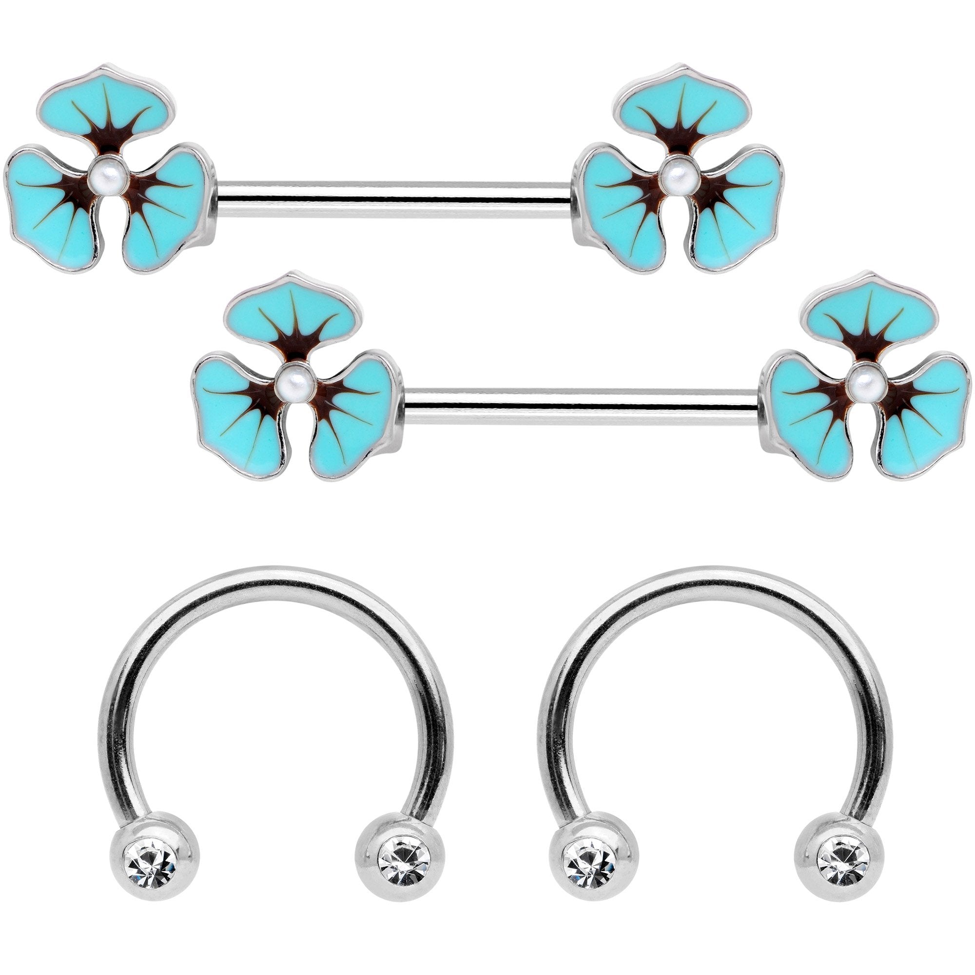 14 Gauge Clear Gem Blue Flower Horseshoe Barbell Nipple Ring Set of 4