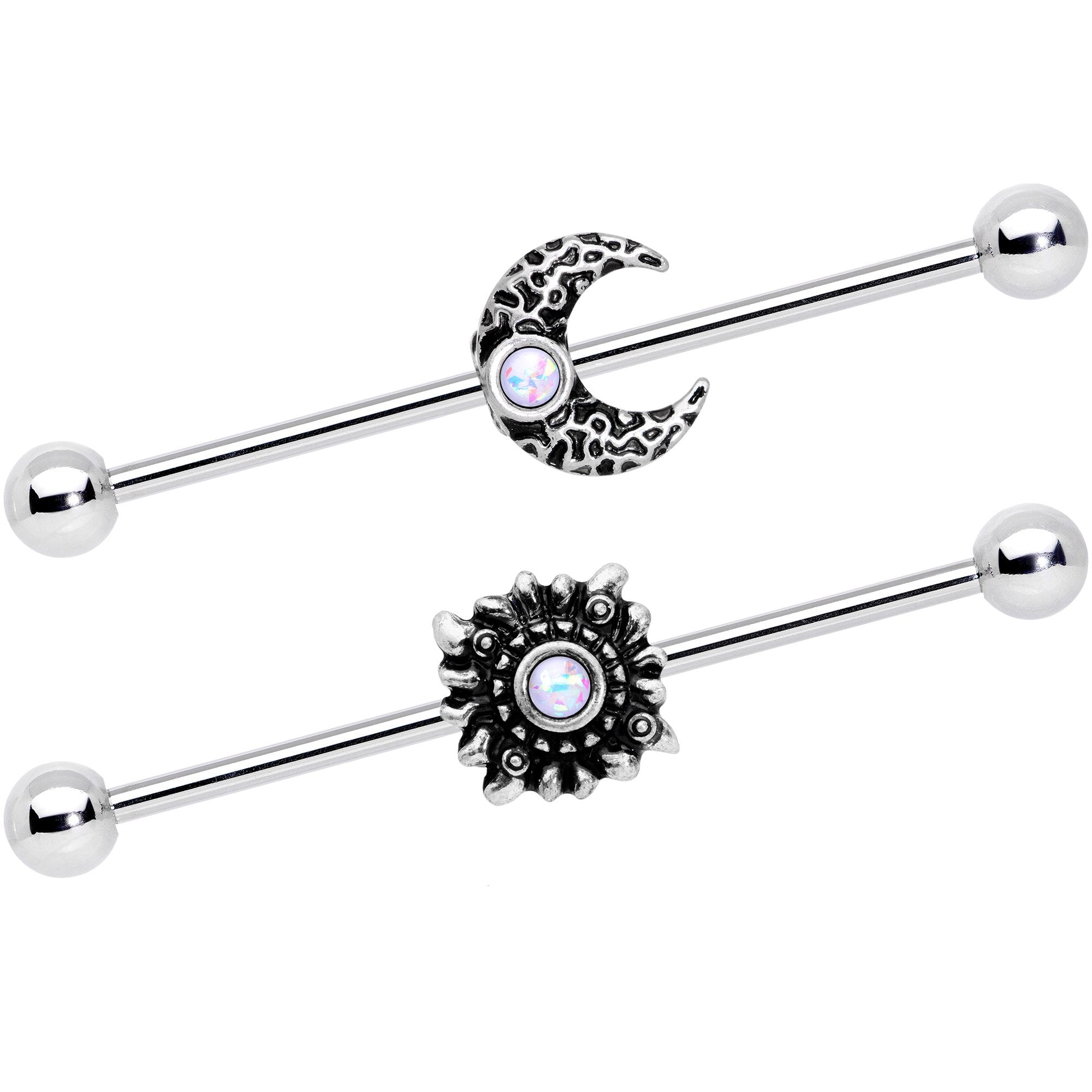 14 Gauge White Faux Opal Sun Moon Industrial Barbell Set 38mm