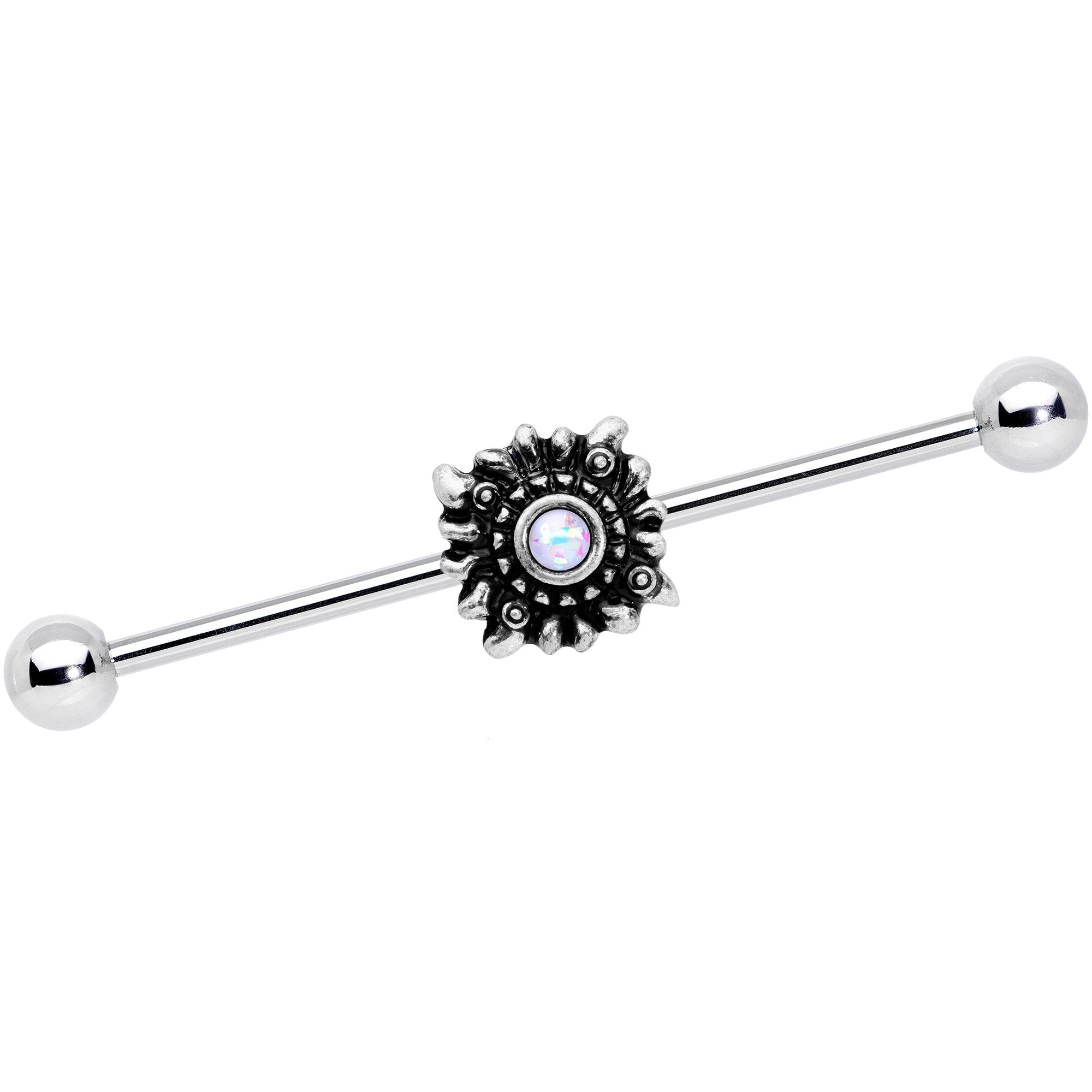 14 Gauge White Faux Opal Sun Moon Industrial Barbell Set 38mm