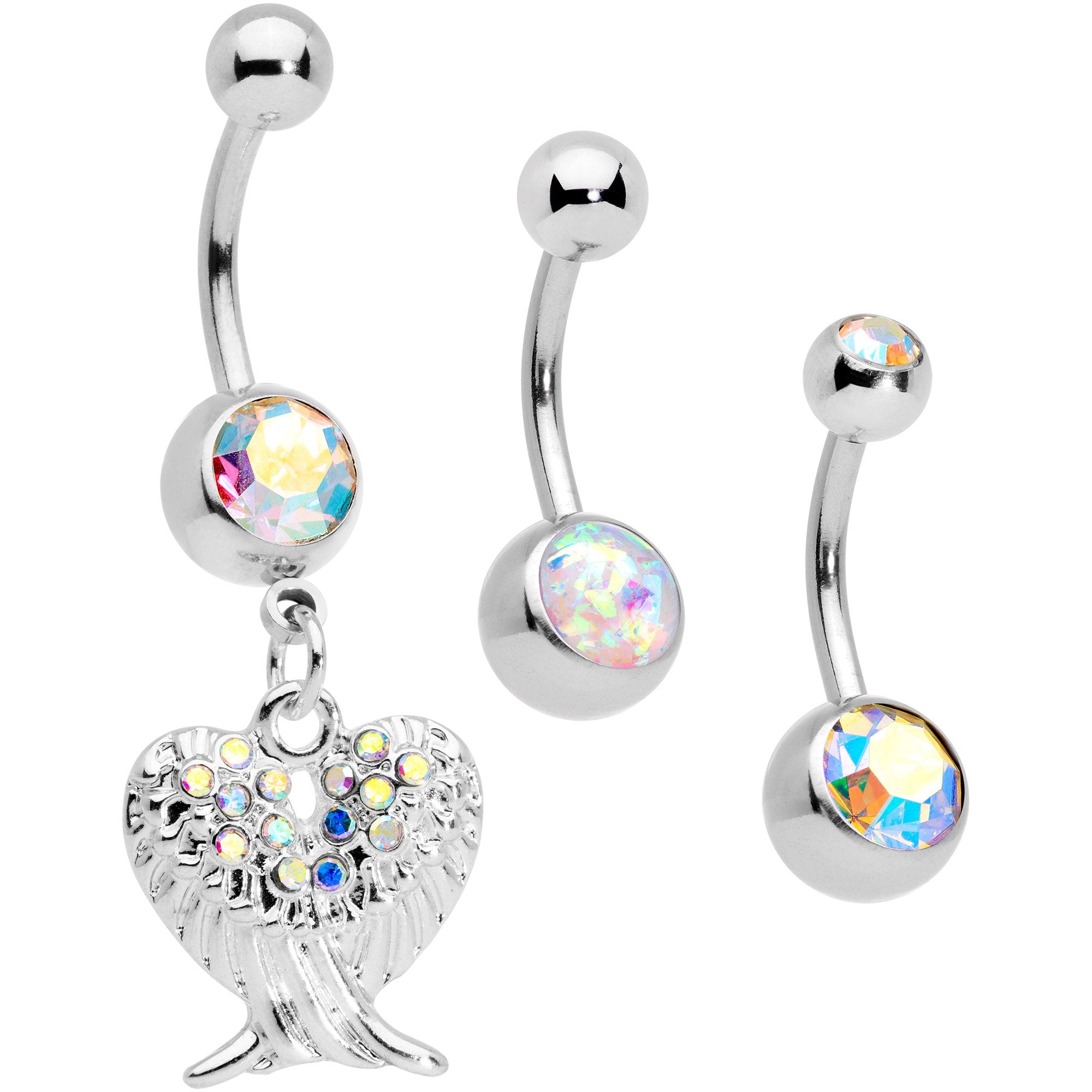 Aurora Gem White Faux Opal Angel Wings Belly Ring Set of 3