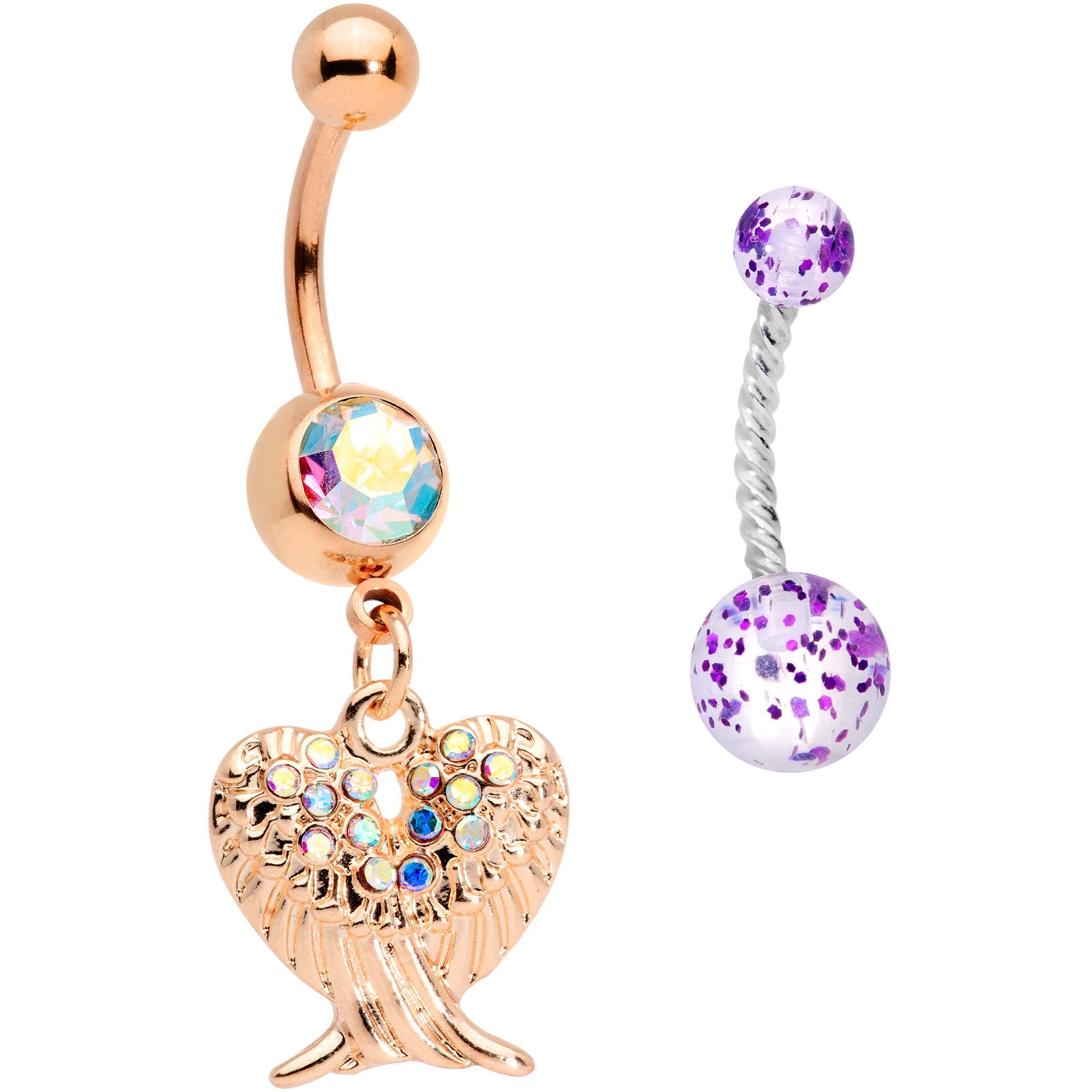 Aurora Gem Rose Gold Tone Angel Wings Purple Confetti Belly Ring Set of 2