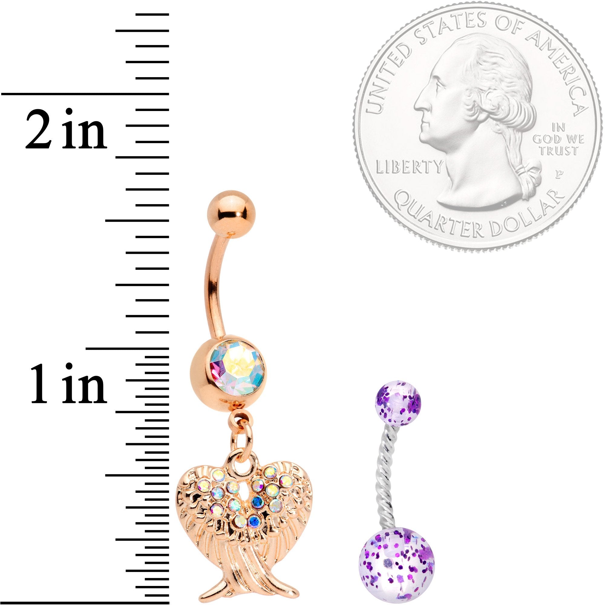 Aurora Gem Rose Gold Tone Angel Wings Purple Confetti Belly Ring Set of 2