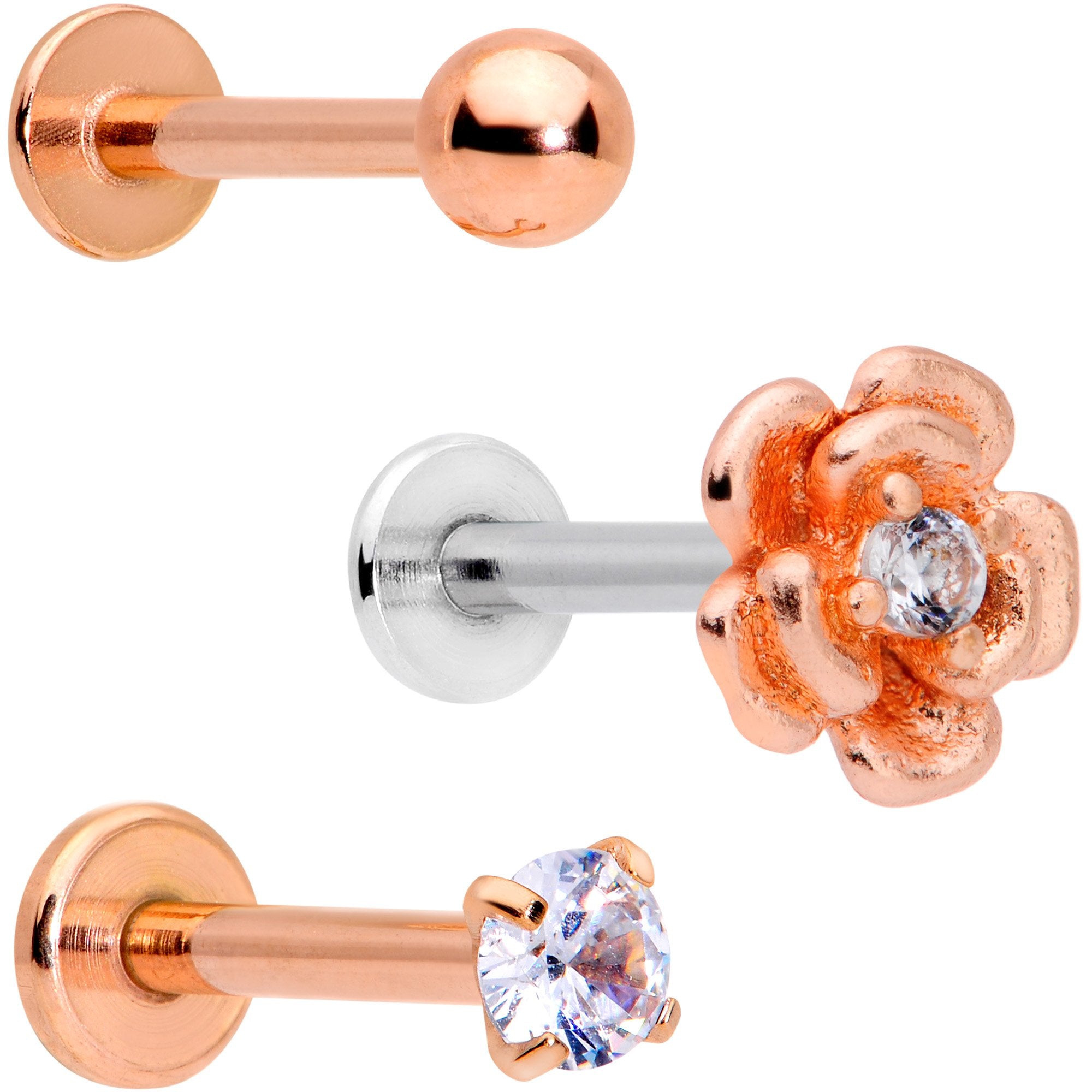 16 Gauge 5/16 Clear Gem Flower Internally Threaded Labret Set of 3