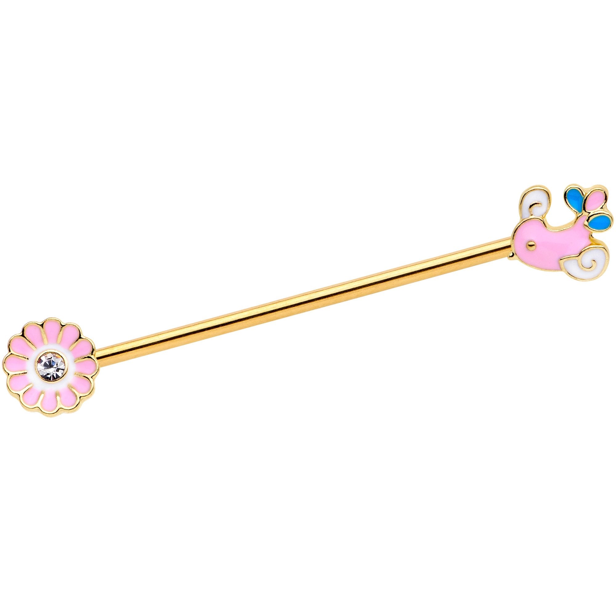 14 Gauge Clear Gem Gold Tone Pink Bird Flower Industrial Barbell 38mm