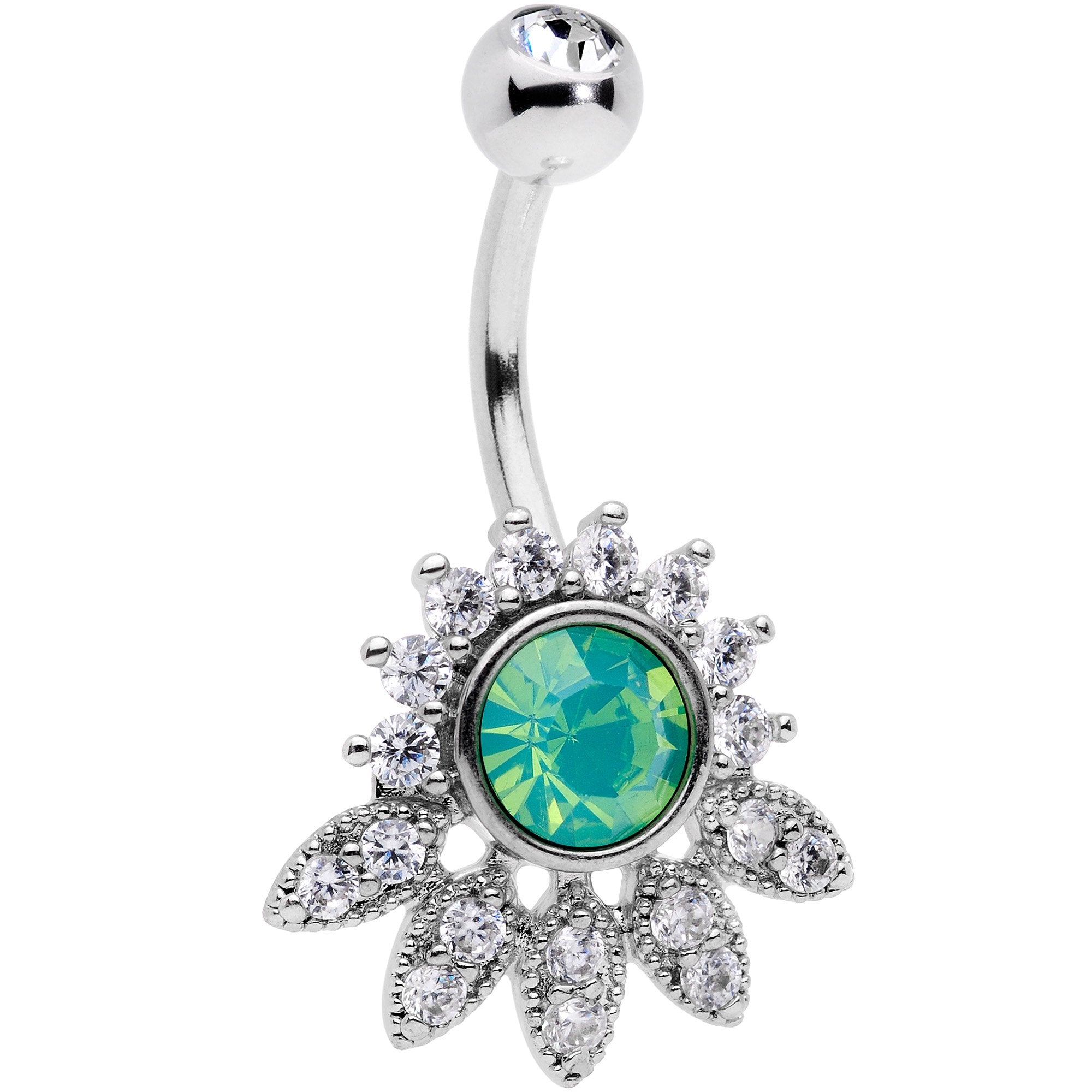 Clear CZ Gem Green Faux Opal Diadem Belly Ring