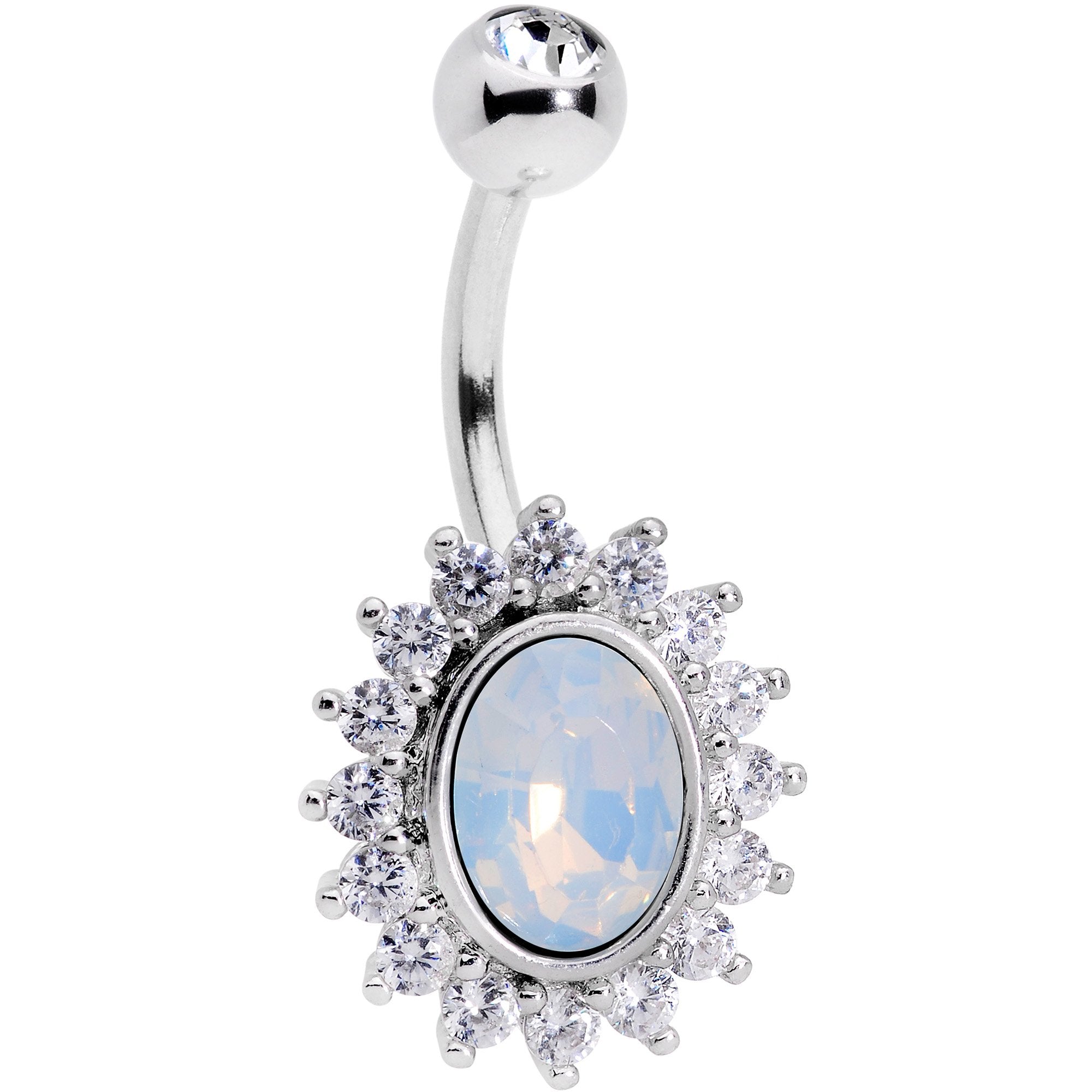 Clear CZ Gem White Faux Opal Framed Belly Ring