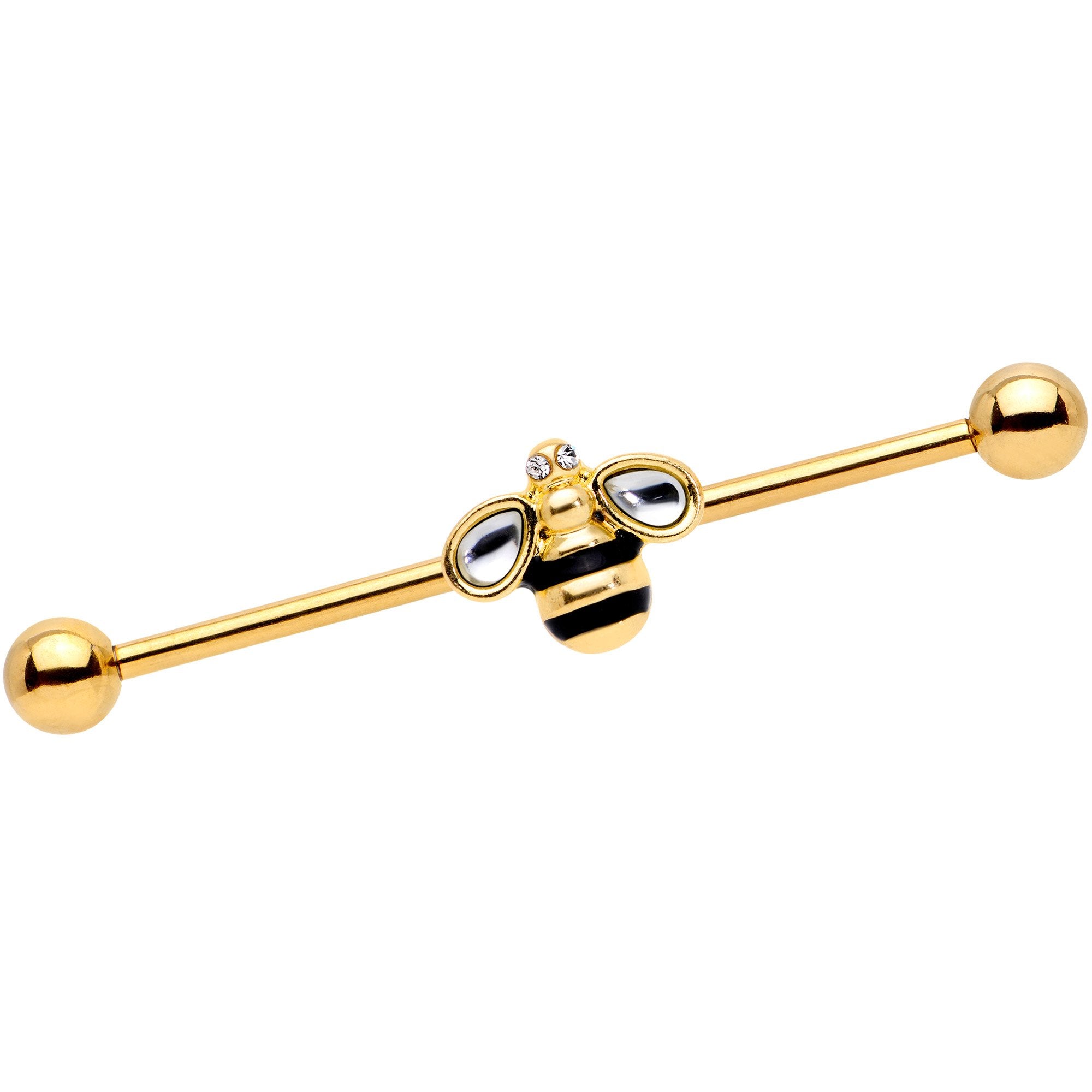 14 Gauge Clear Gem Gold Tone Bumblebee Bling Industrial Barbell 38mm