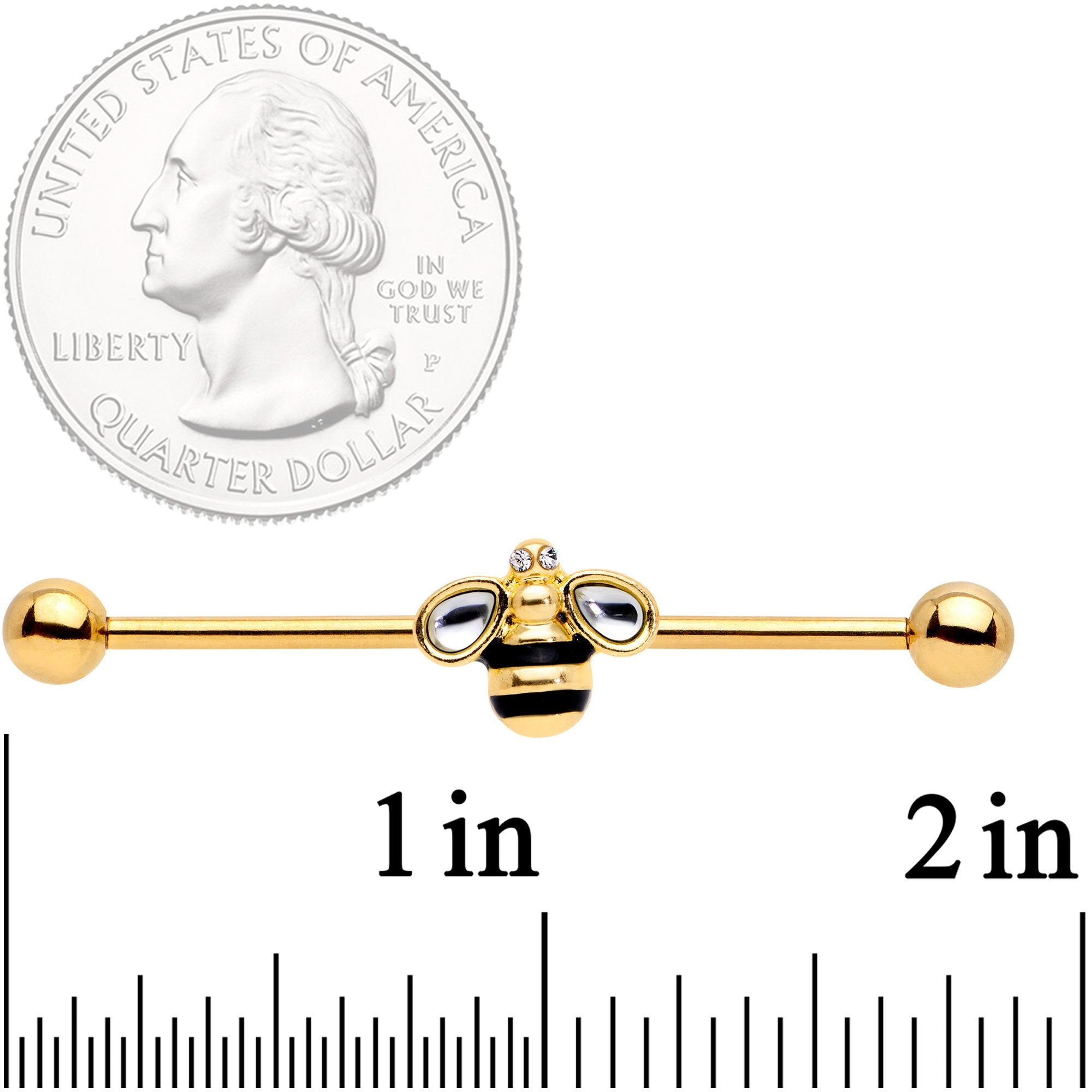 14 Gauge Clear Gem Gold Tone Bumblebee Bling Industrial Barbell 38mm