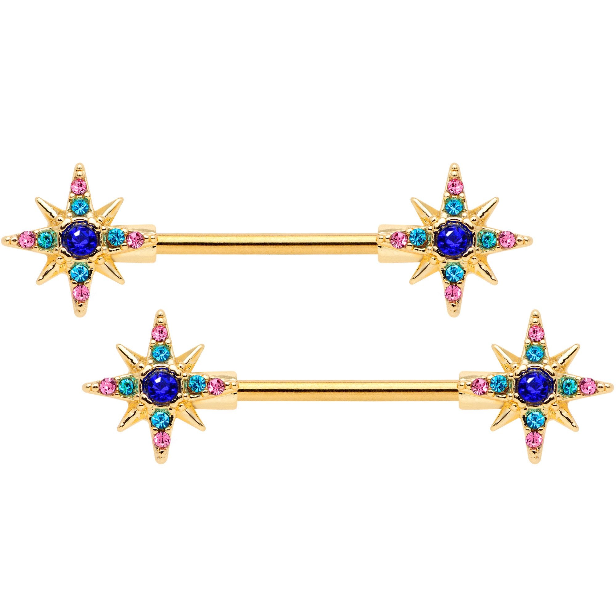 14 Gauge 9/16 Aqua Green Gem Gold Tone Star Barbell Nipple Ring Set