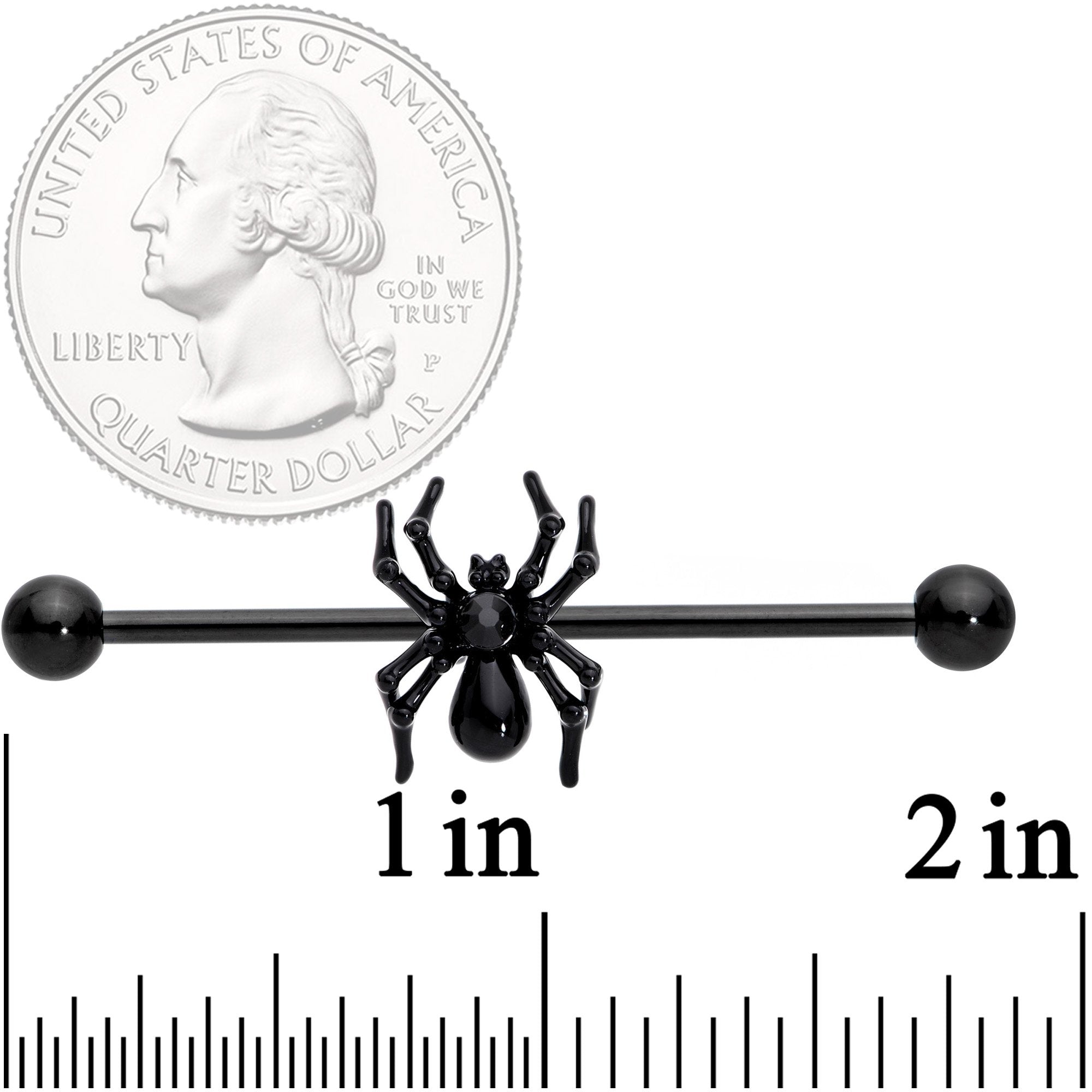 14 Gauge Black Gem Black Creepy Critter Spider Industrial Barbell 38mm