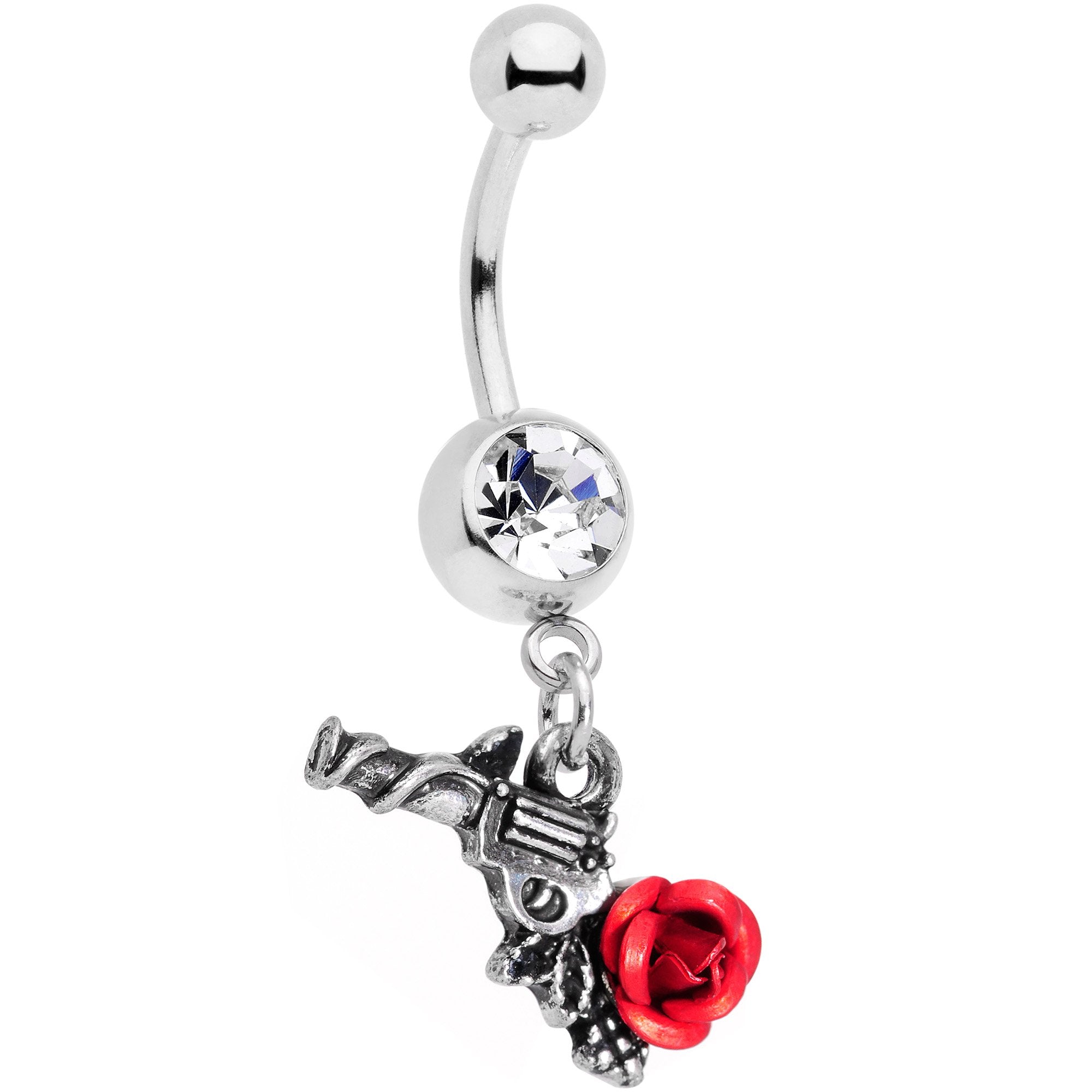 Clear Gem Red Rose Flower and Gun Dangle Belly Ring