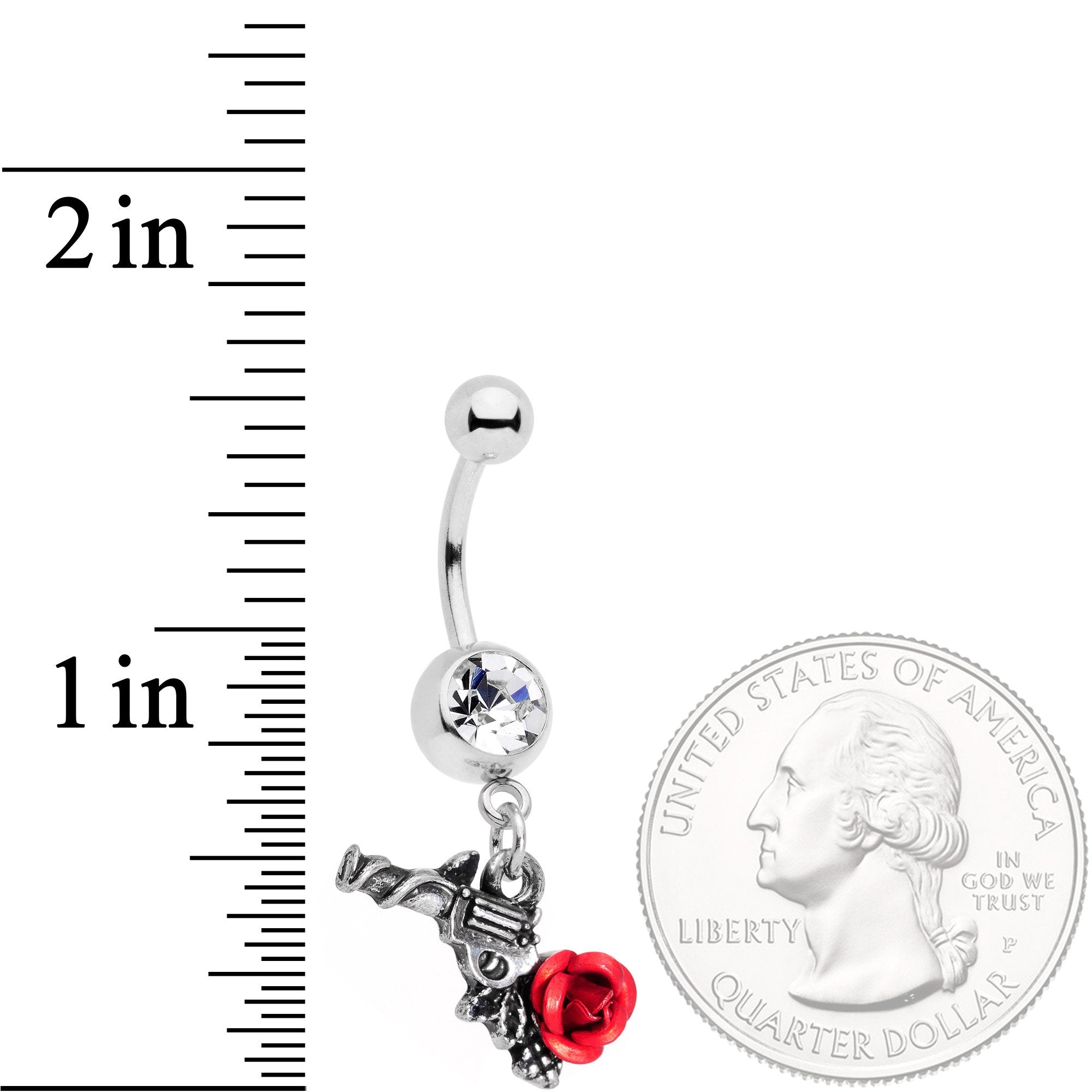 Clear Gem Red Rose Flower and Gun Dangle Belly Ring