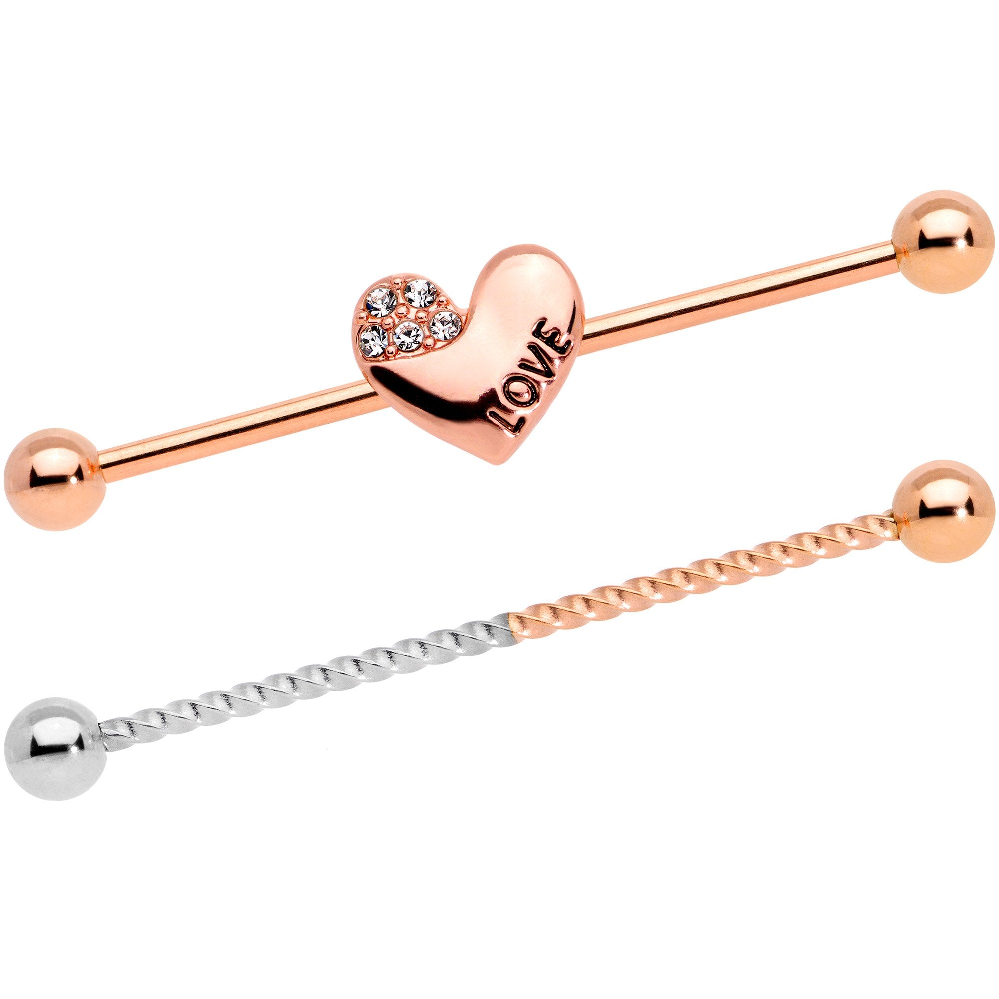 14 Gauge Clear Gem Rose Gold Tone Love Heart Industrial Barbell 38mm