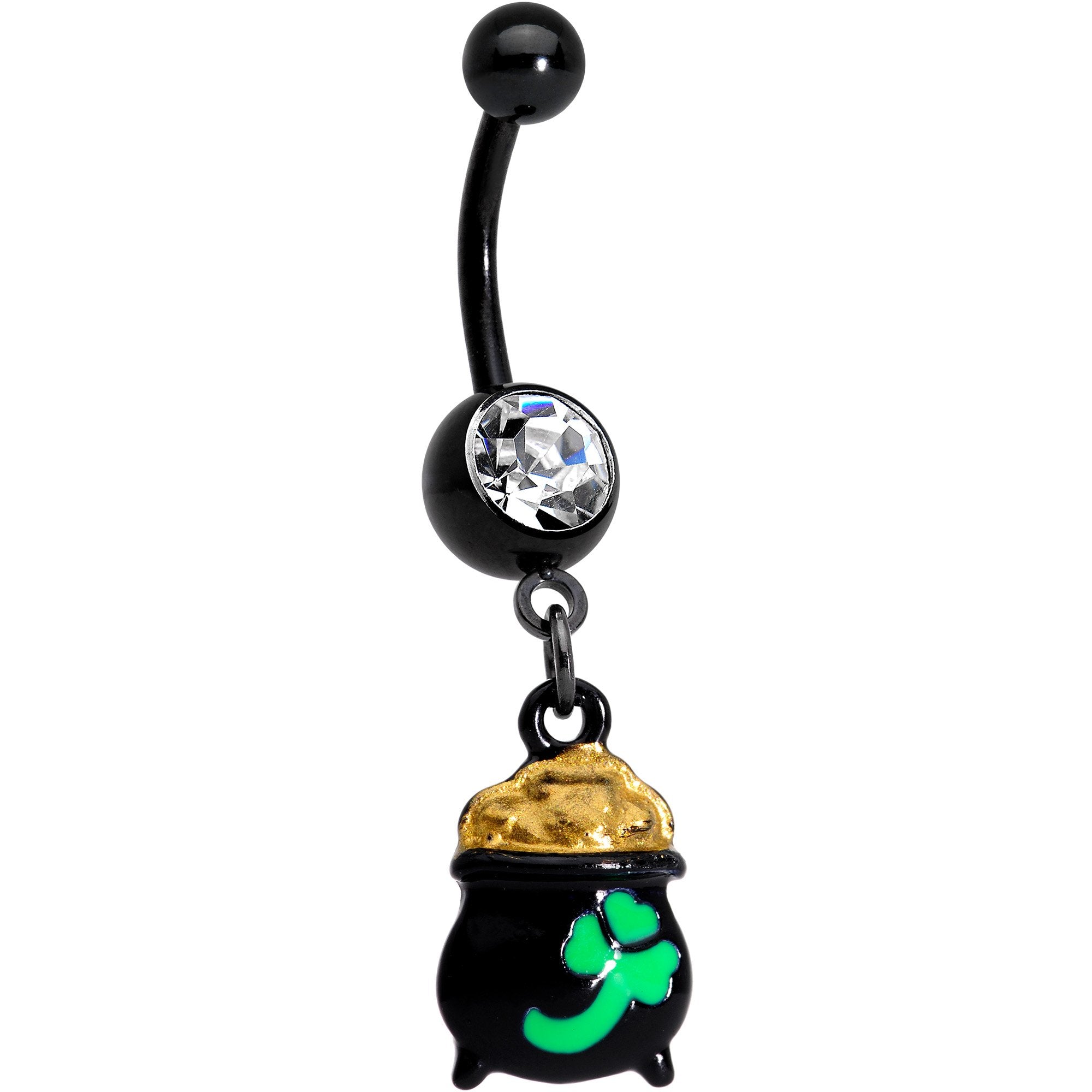 Clear Gem Black Pot of Gold St Patricks Day Dangle Belly Ring