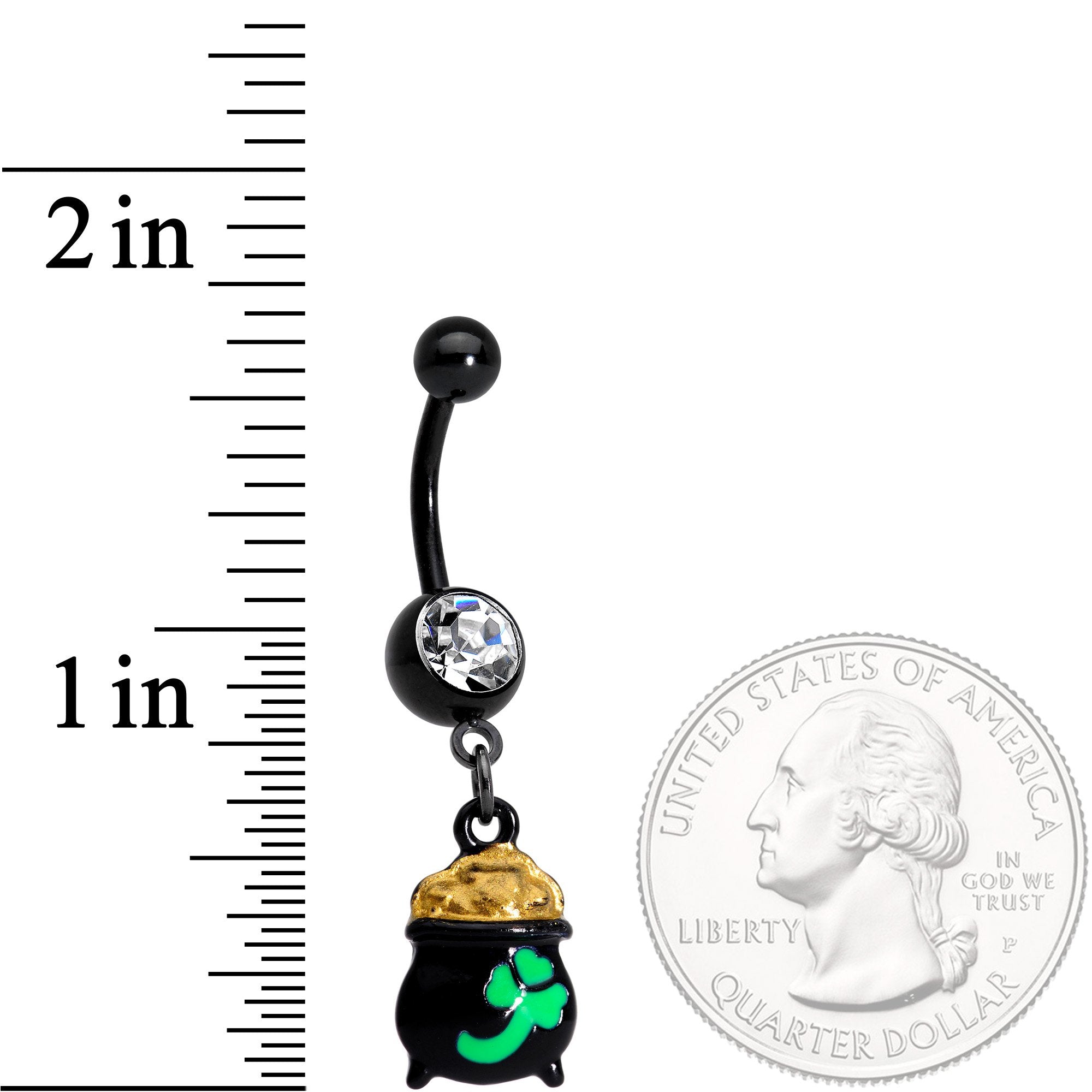 Clear Gem Black Pot of Gold St Patricks Day Dangle Belly Ring