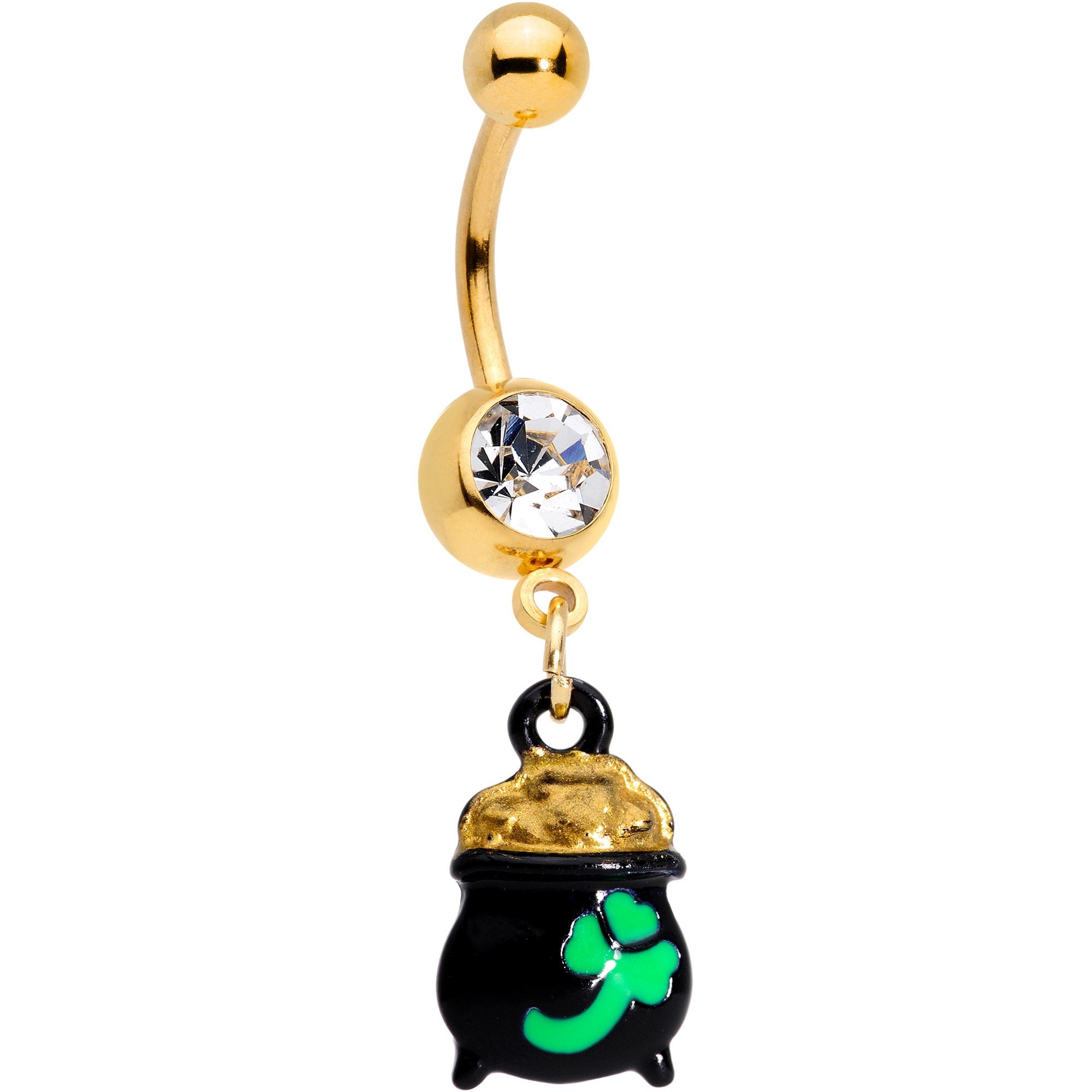 Clear Gem Gold Tone Pot o Gold St Patricks Day Dangle Belly Ring