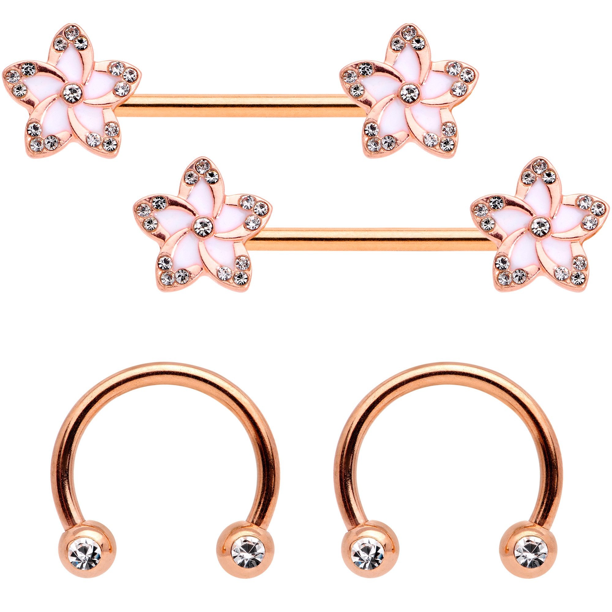 Clear Gem Rose Gold Tone Flower Horseshoe Barbell Nipple Ring Set of 4