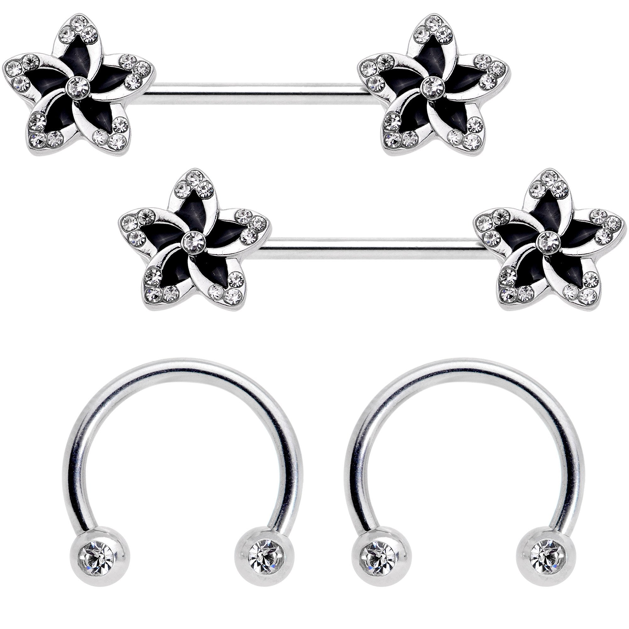 14 Gauge Clear Gem Black Flower Horseshoe Barbell Nipple Ring Set of 4