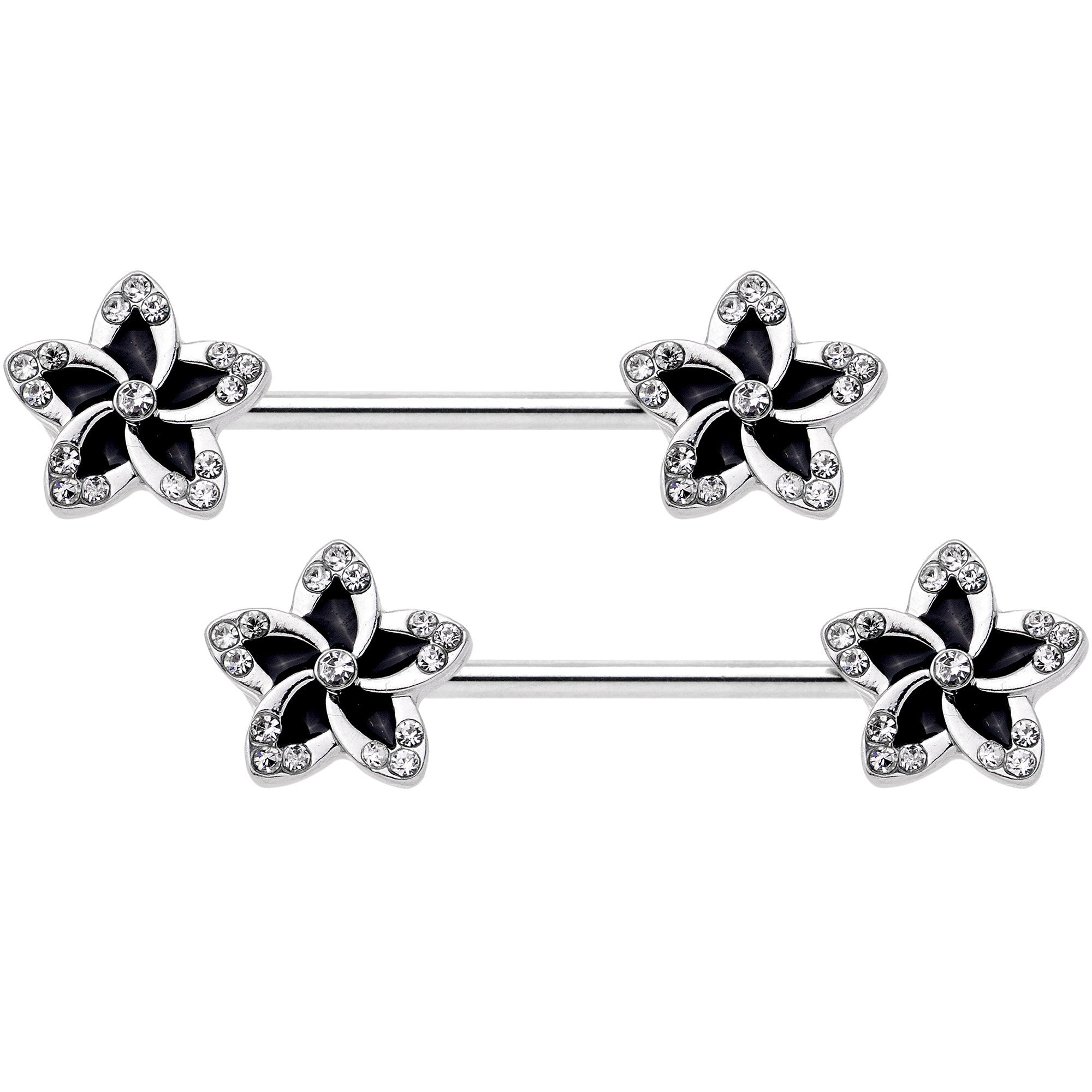 14 Gauge Clear Gem Black Flower Horseshoe Barbell Nipple Ring Set of 4