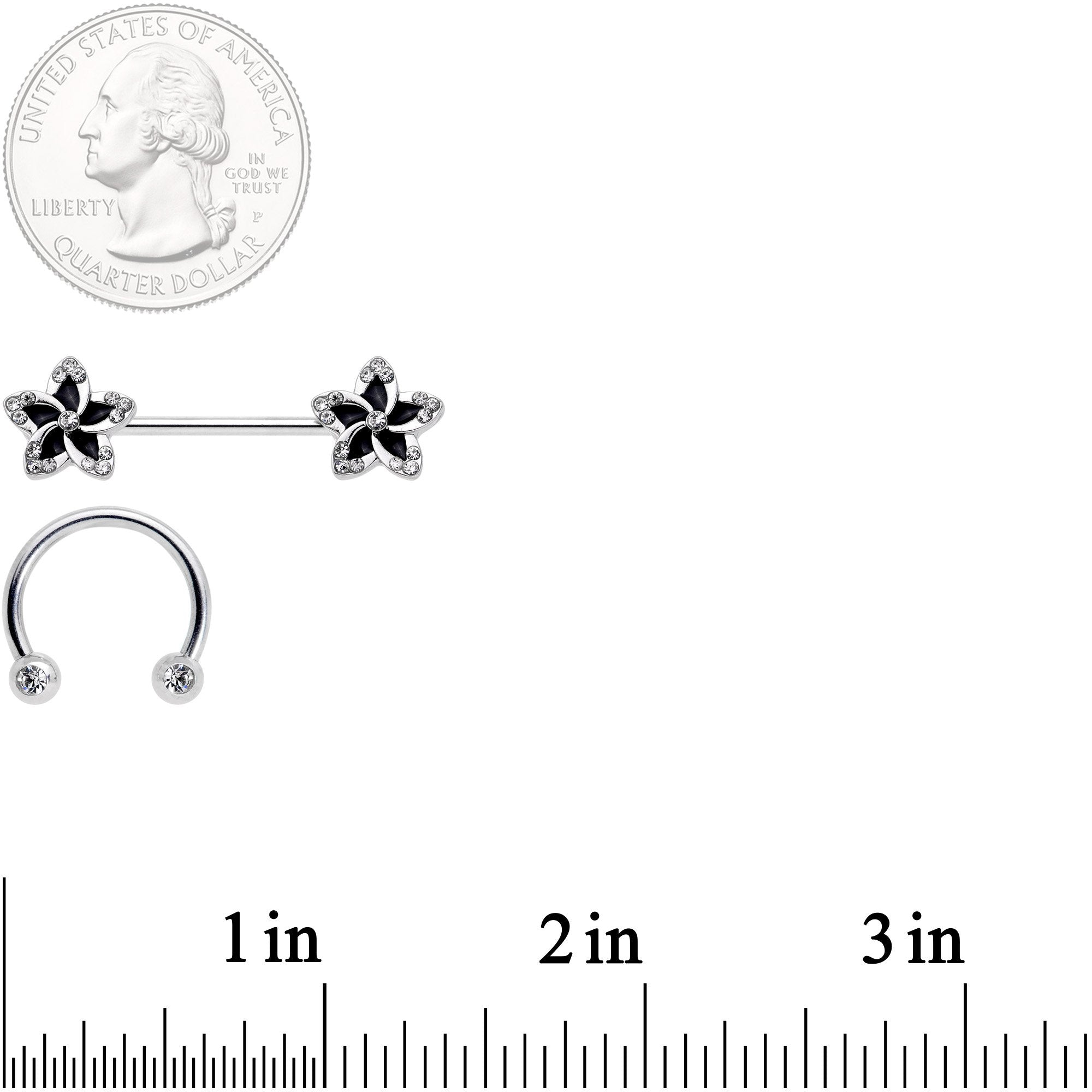 14 Gauge Clear Gem Black Flower Horseshoe Barbell Nipple Ring Set of 4