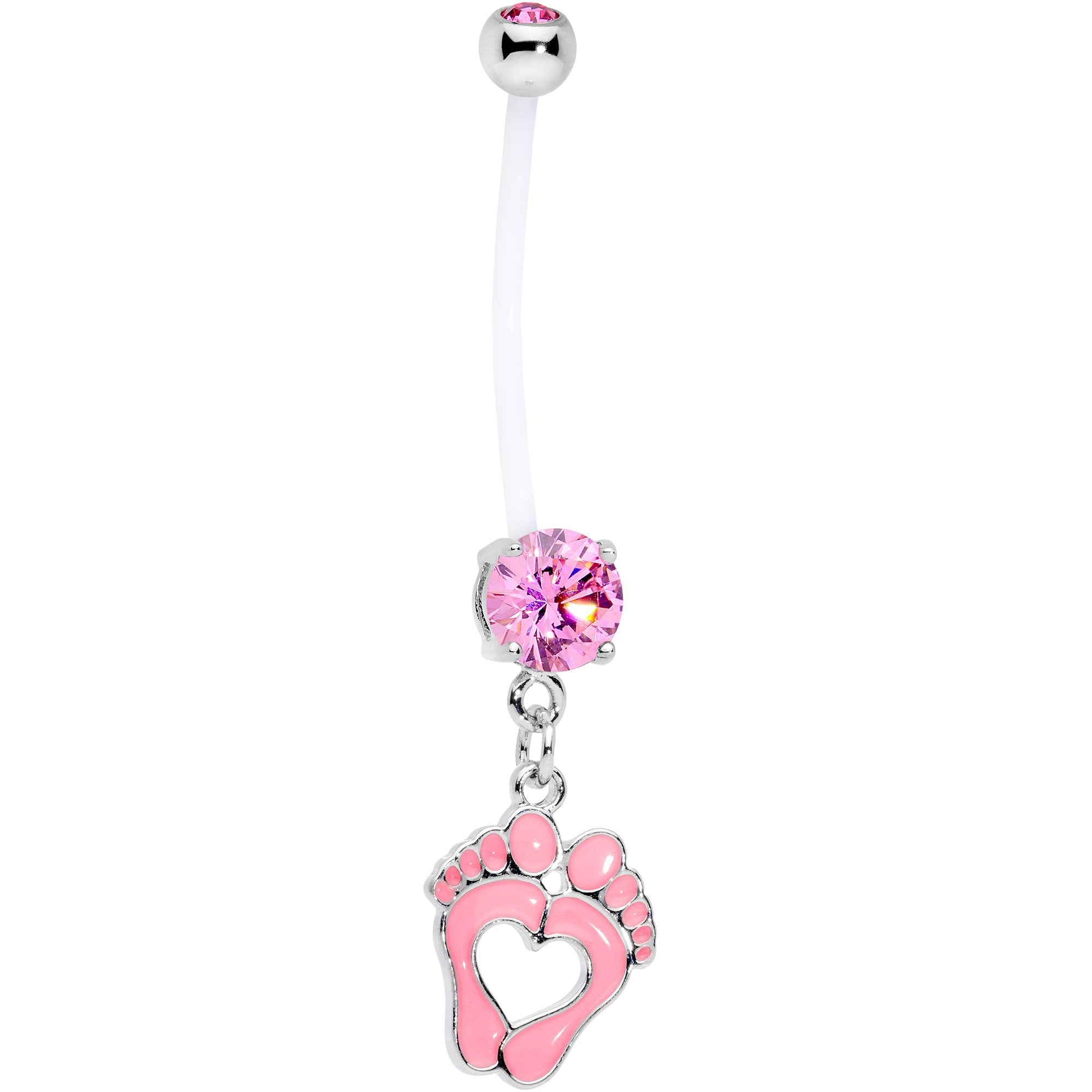 Pink CZ Gem Baby Precious Footprints Dangle Pregnancy Belly Ring