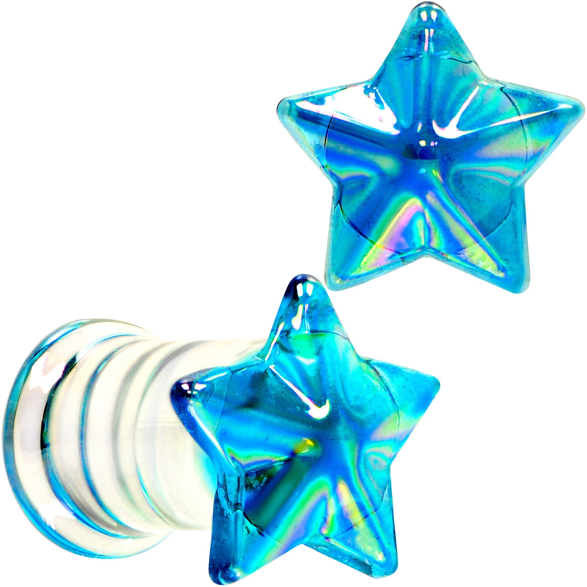 2 Gauge Blue Aurora Glass Faceted Star Double Flare Plug Set 6mm to 16mm Sizes